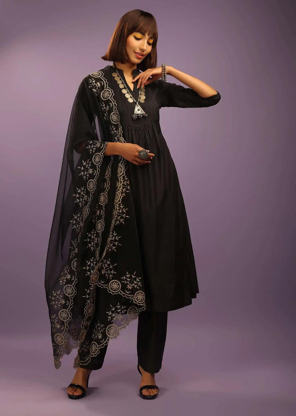 Black A Line Outfit In Chanderi Cotton Featuring Pin Tucks Detailing A Zari Handcrafted Organza Drape