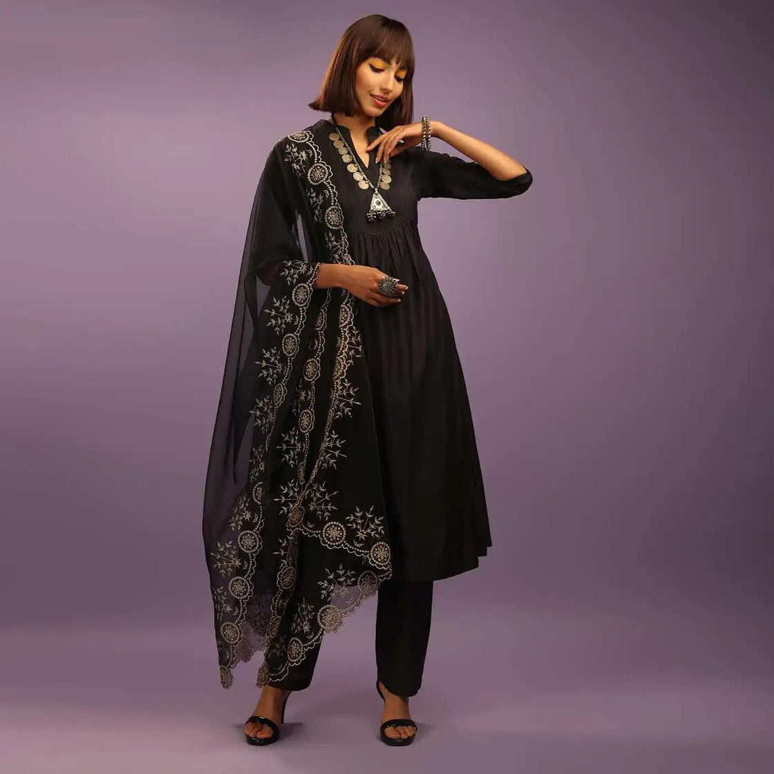 Black A Line Outfit In Chanderi Cotton Featuring Pin Tucks Detailing A Zari Handcrafted Organza Drape
