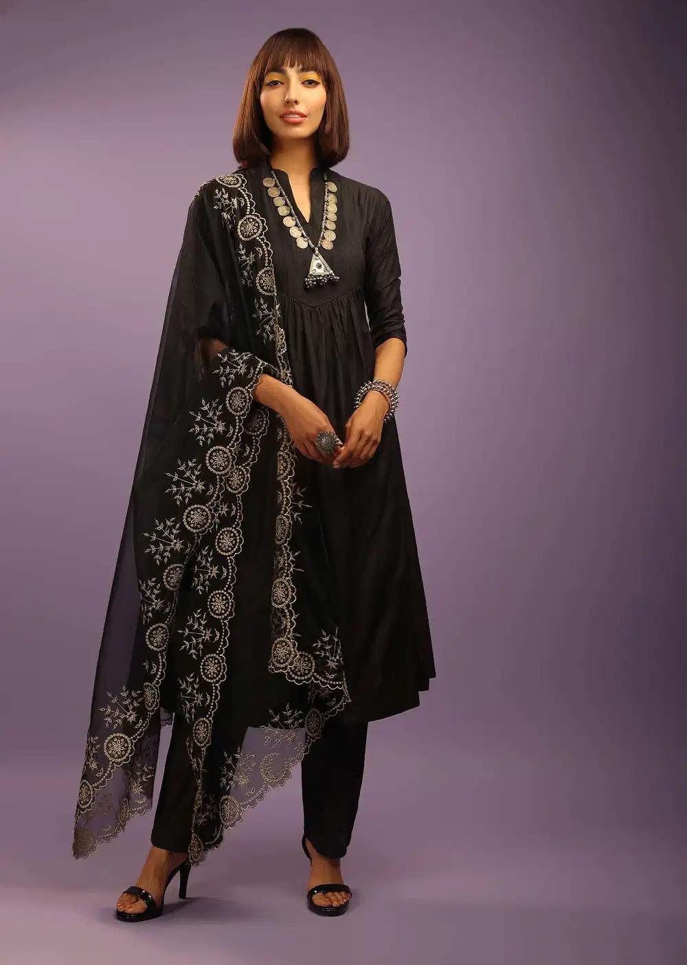 Black A Line Suit In Chanderi Cotton With Pin Tucks Detailing And Zari Embroidered Organza Dupatta