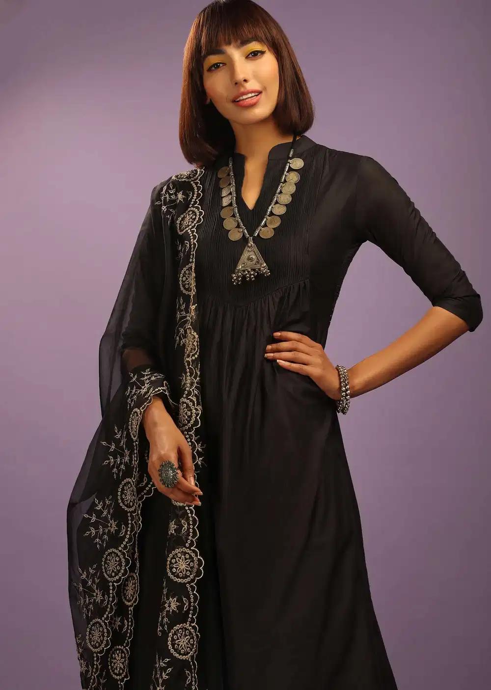 Black A Line Suit In Chanderi Cotton With Pin Tucks Detailing And Zari Embroidered Organza Dupatta