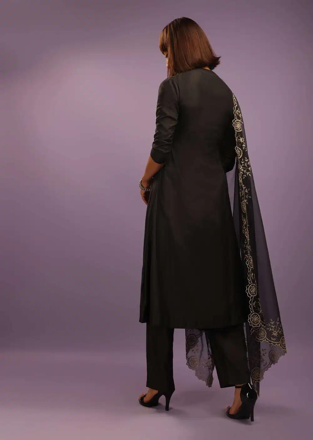 Black A Line Suit In Chanderi Cotton With Pin Tucks Detailing And Zari Embroidered Organza Dupatta