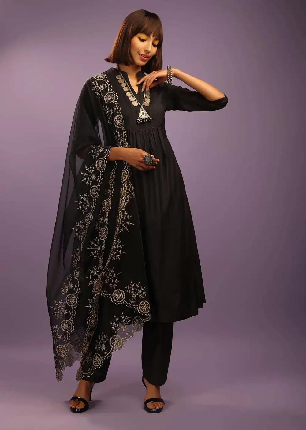 Black A Line Suit In Chanderi Cotton With Pin Tucks Detailing And Zari Embroidered Organza Dupatta
