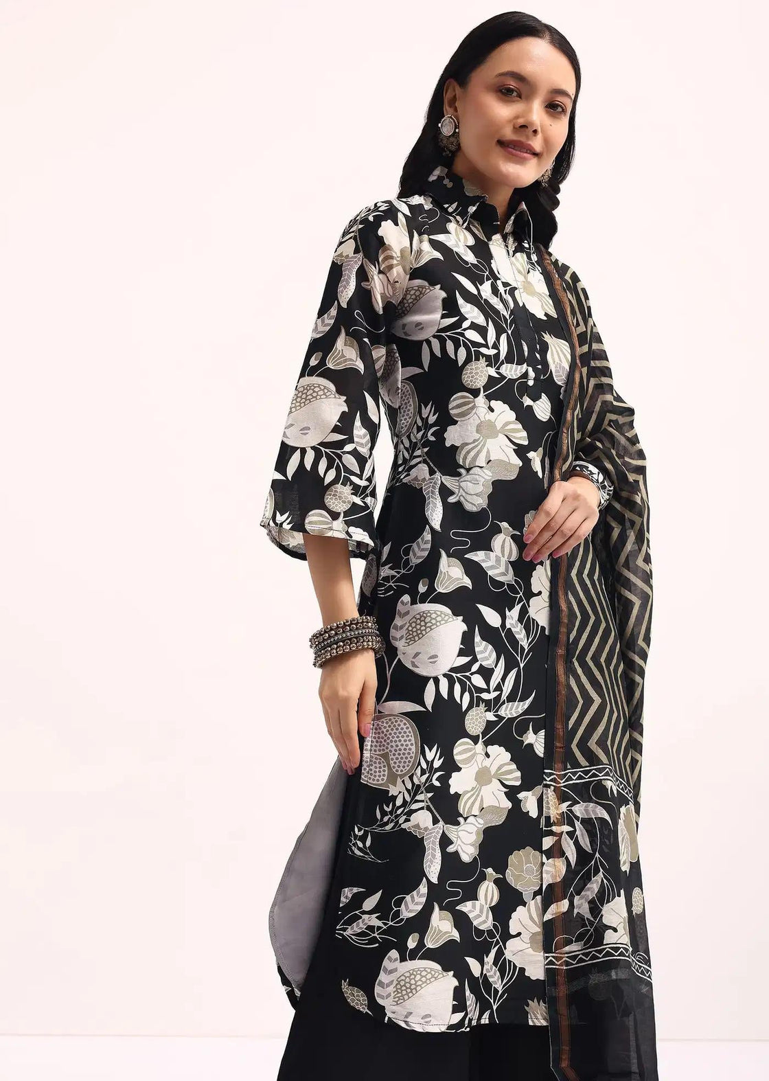 Black Abstract Patterned Chanderi Tunic Palazzo Trousers Ensemble