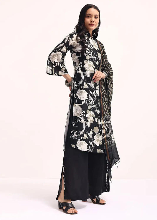 Black Abstract Printed Chanderi Kurta Palazzo Ensemble Outfit