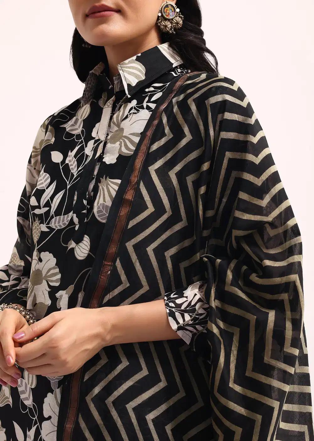 Black Abstract Printed Chanderi Kurta Palazzo Ensemble Outfit