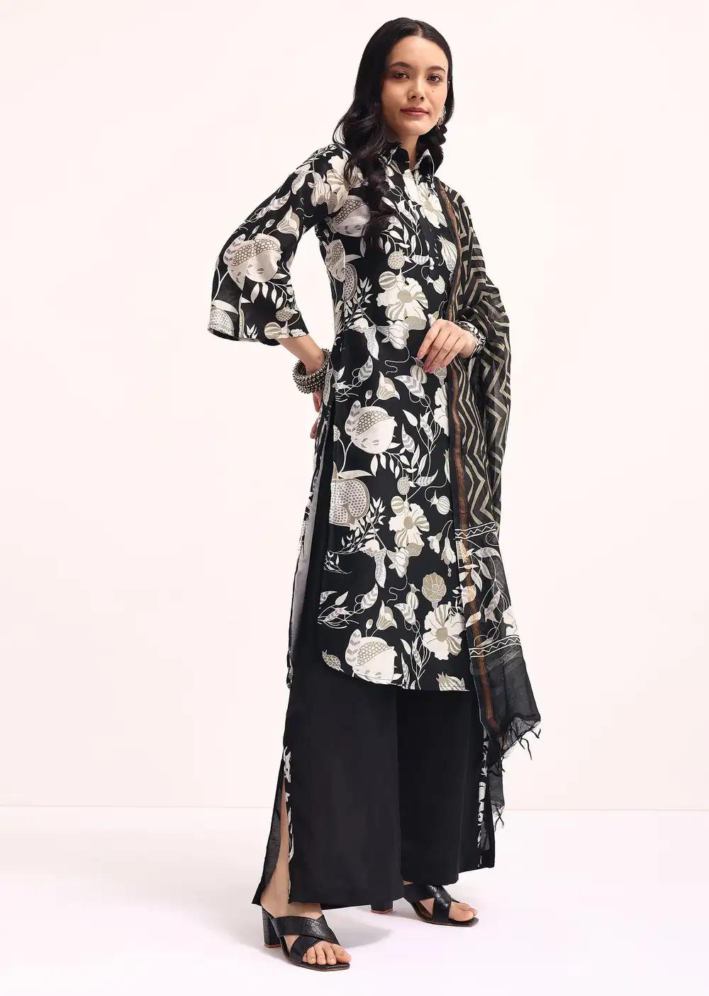 Black Abstract Printed Chanderi Kurta Palazzo Ensemble Outfit