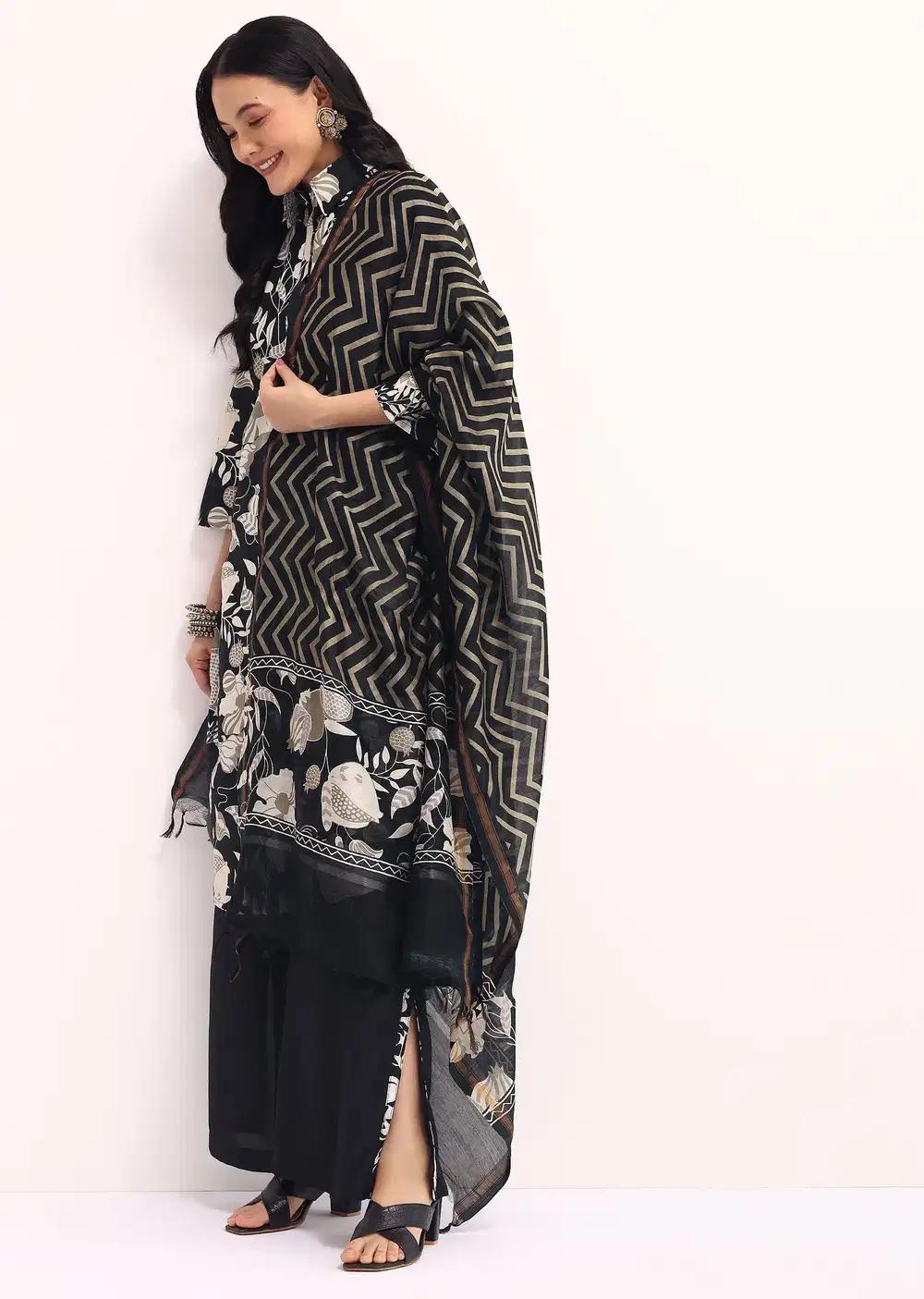 Black Abstract Printed Chanderi Kurta Palazzo Ensemble Outfit