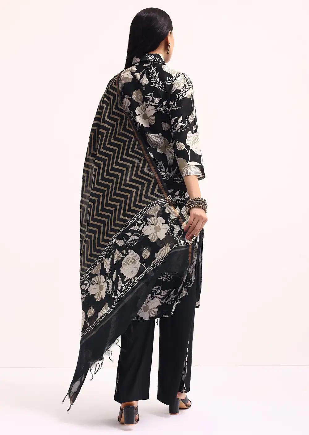 Black Abstract Printed Chanderi Kurta Palazzo Ensemble Outfit