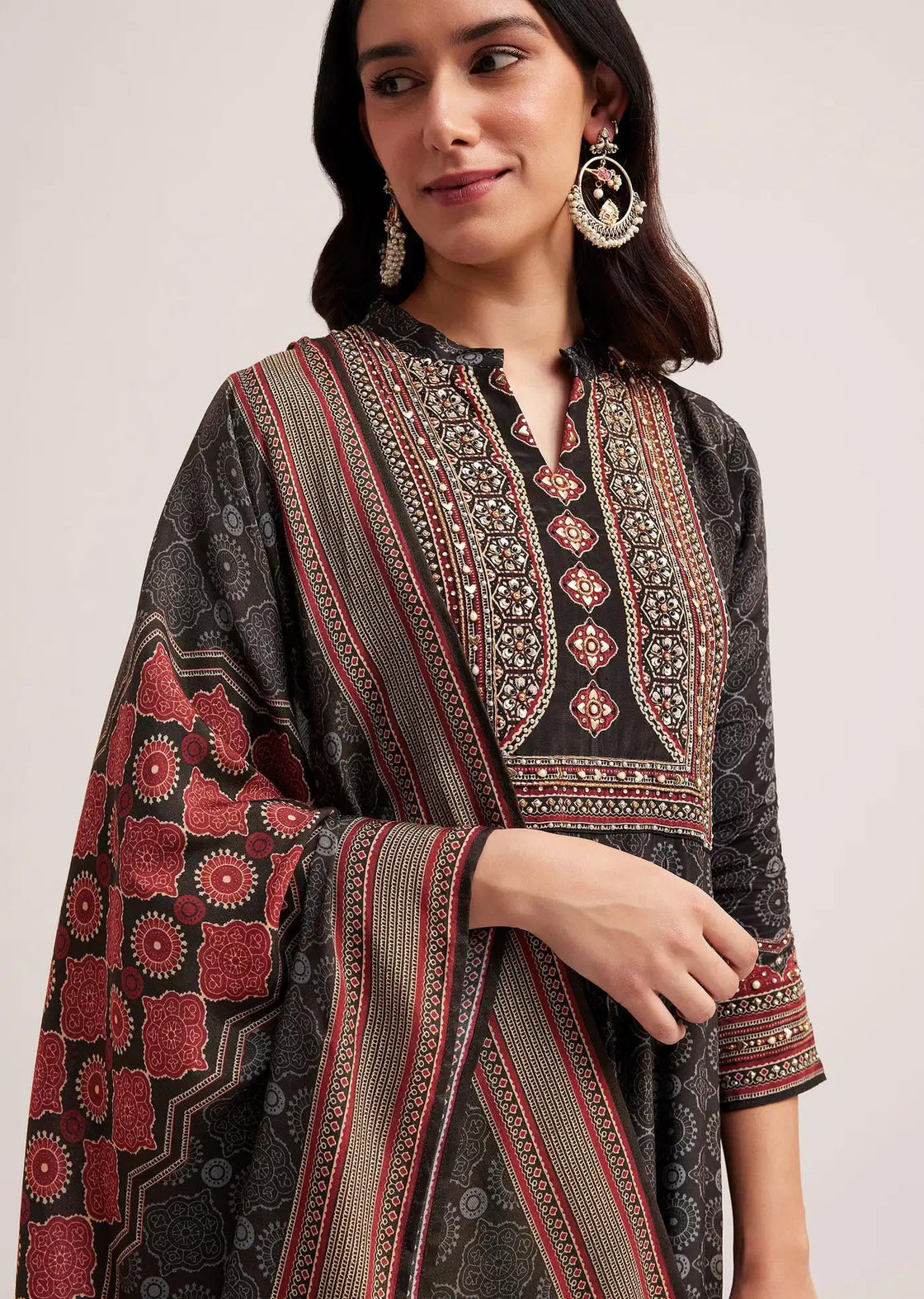 Black Ajrakh Patterned Anarkali Dress Ensemble Featuring Drape