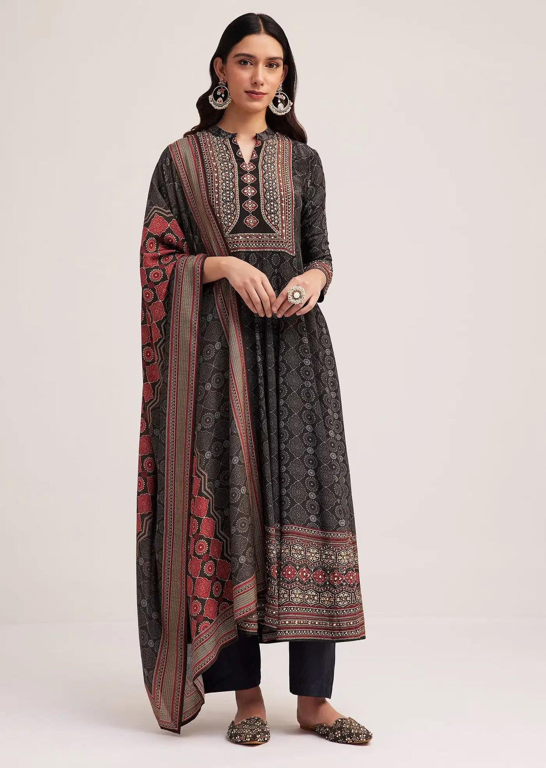 Black Ajrakh Patterned Anarkali Dress Ensemble Featuring Drape