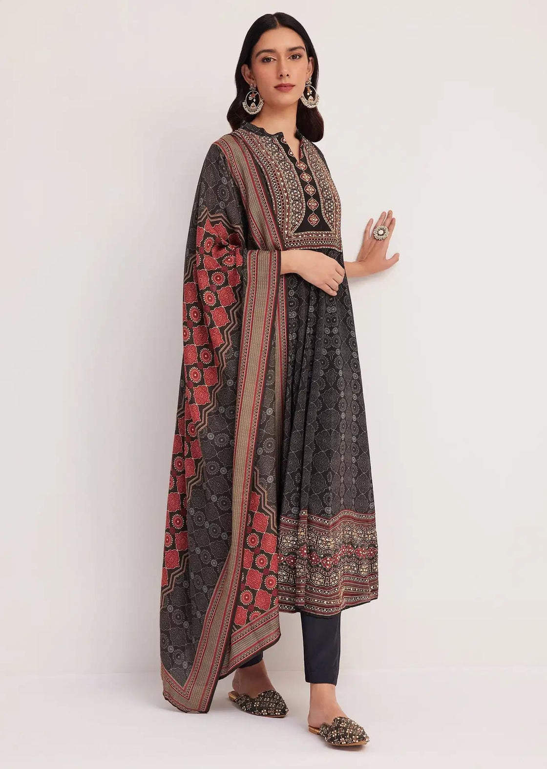 Black Ajrakh Patterned Anarkali Dress Ensemble Featuring Drape