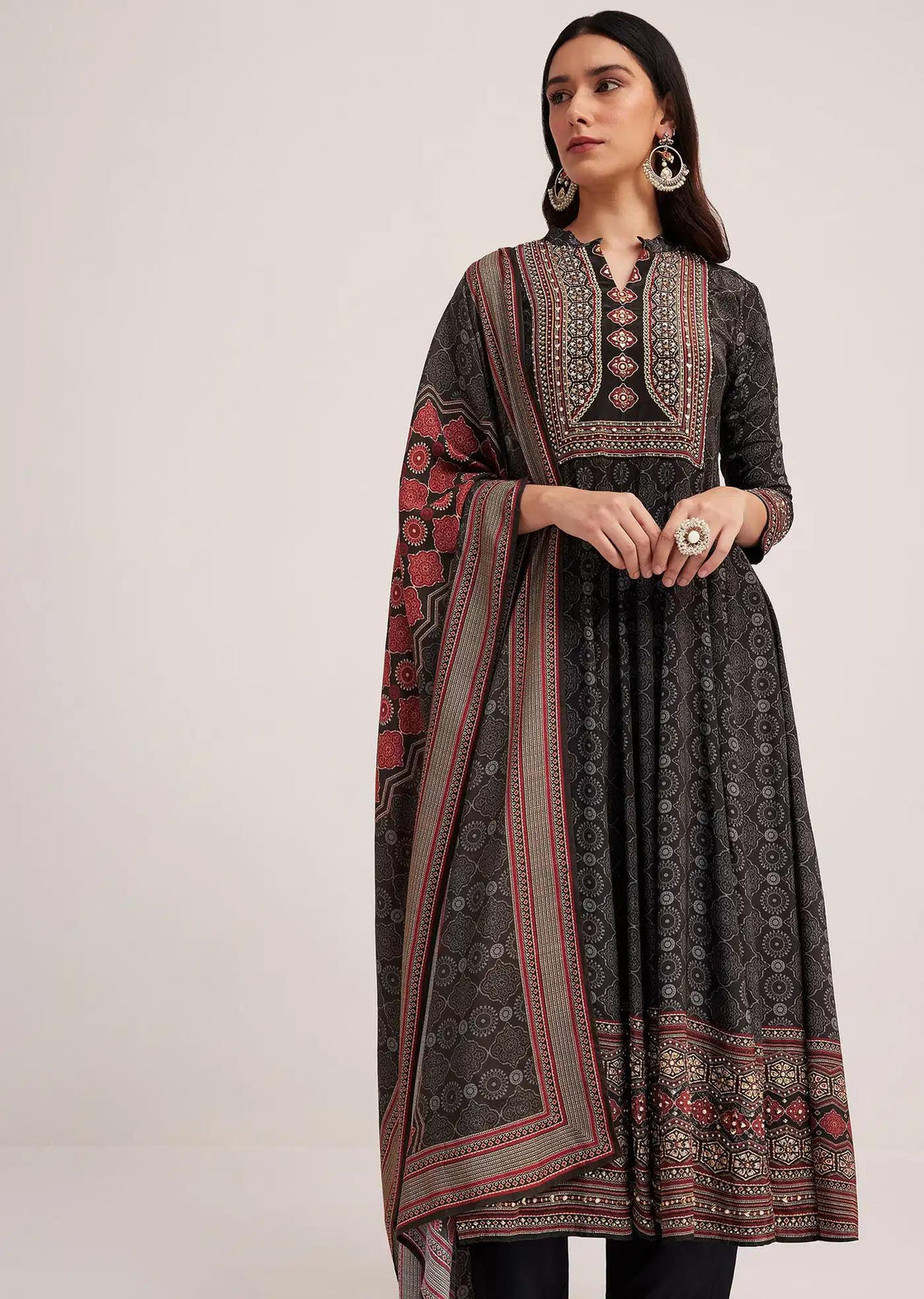 Black Ajrakh Patterned Anarkali Dress Ensemble Featuring Drape