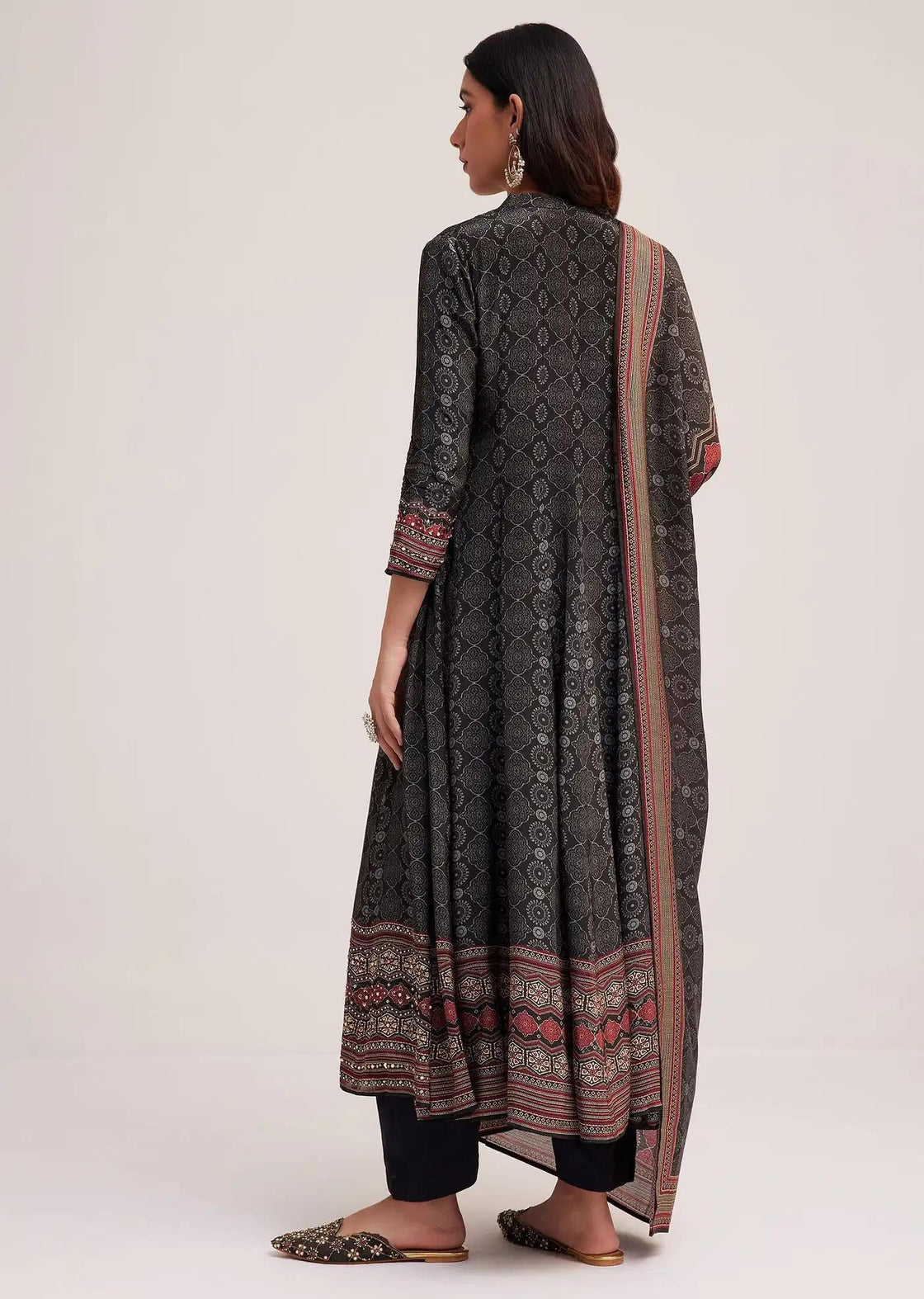 Black Ajrakh Patterned Anarkali Dress Ensemble Featuring Drape