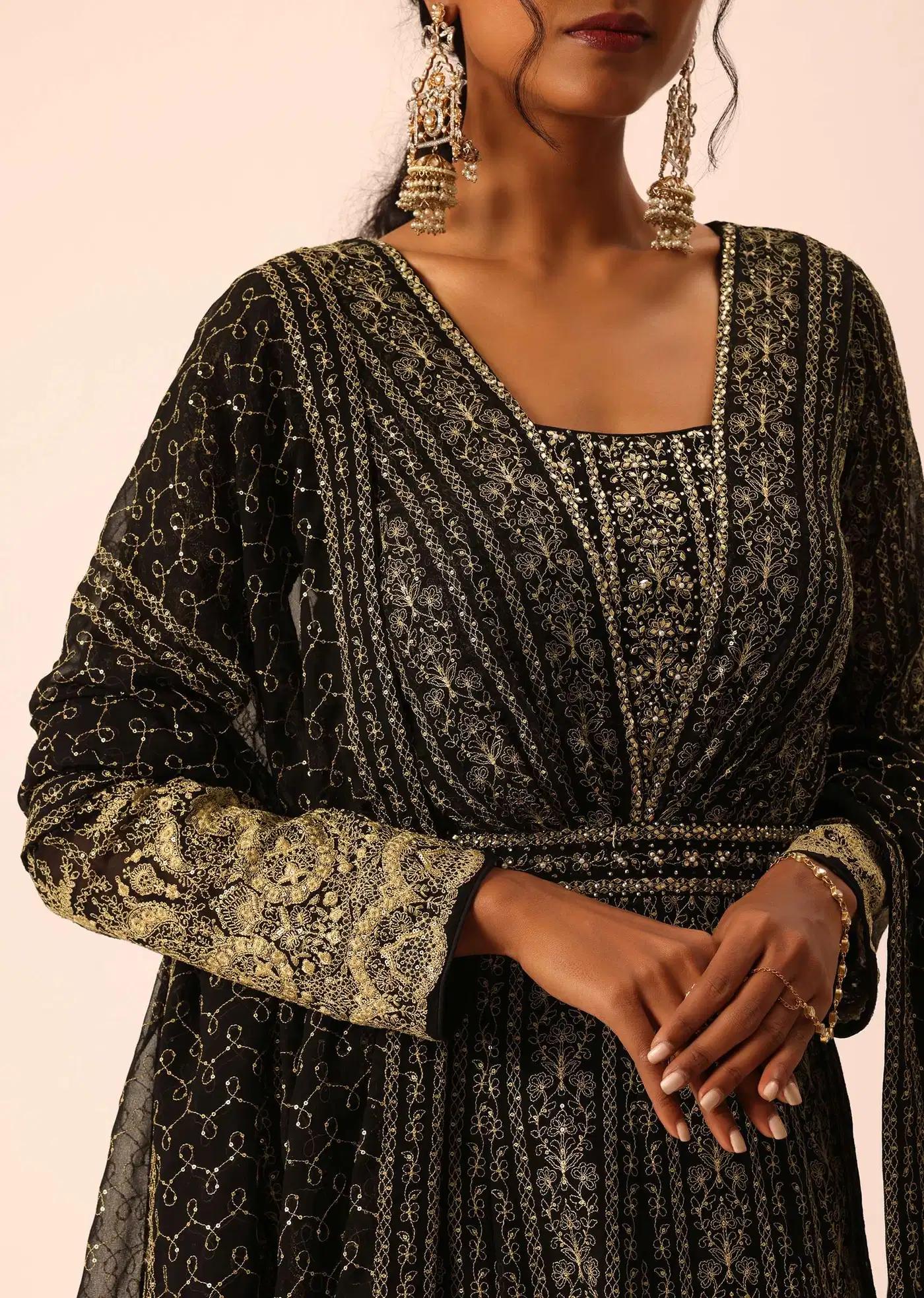 Black Anarkali Dress Drape Ensemble Featuring Sequin Detailing