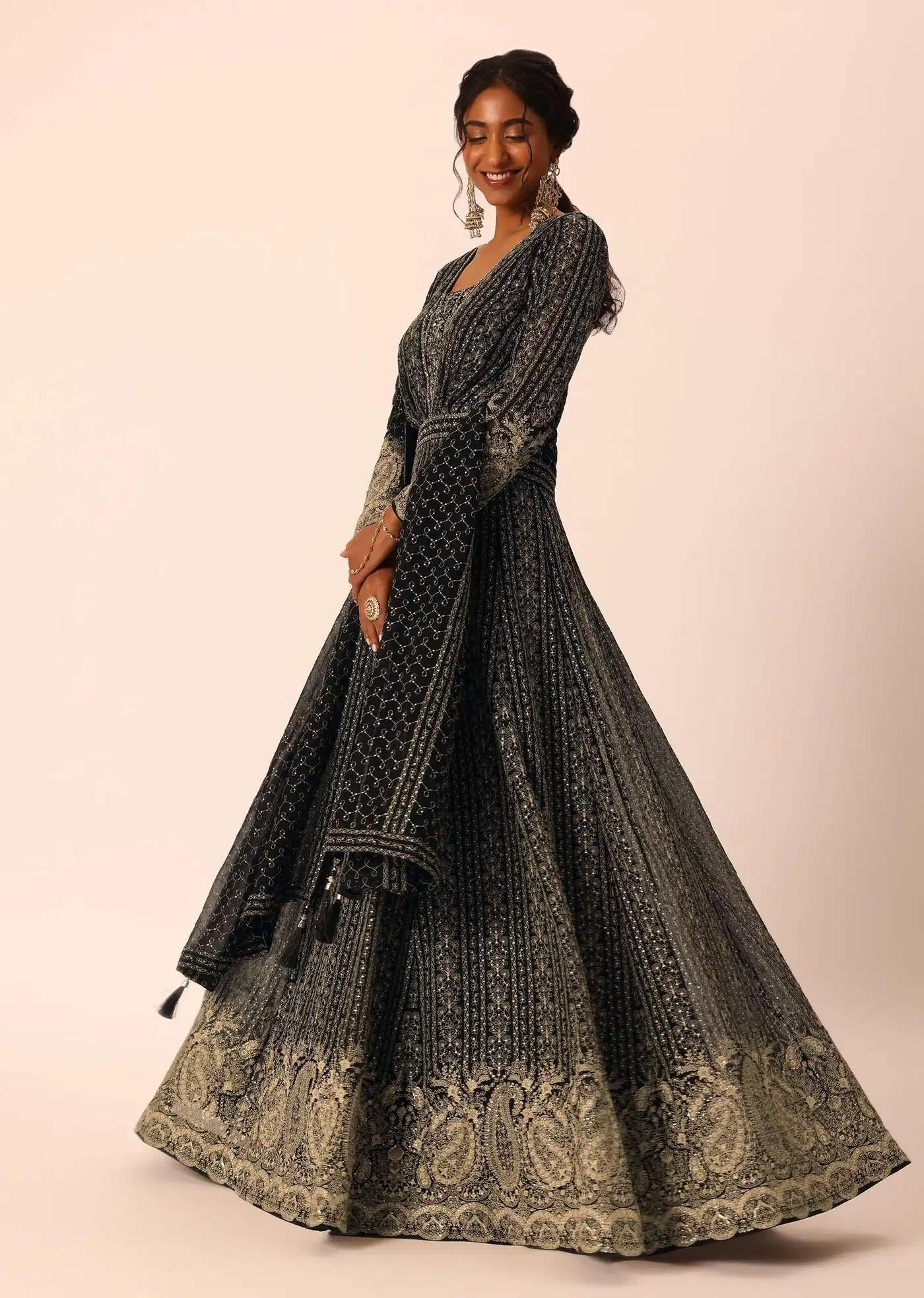 Black Anarkali Dress Drape Ensemble Featuring Sequin Detailing