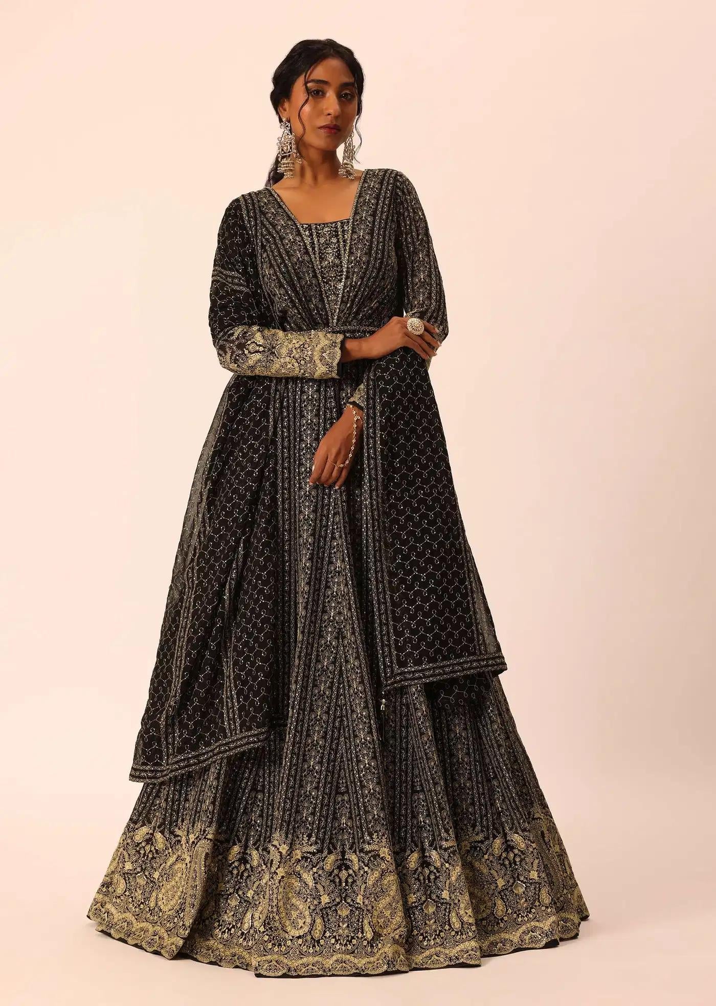 Black Anarkali Dress Drape Ensemble Featuring Sequin Detailing