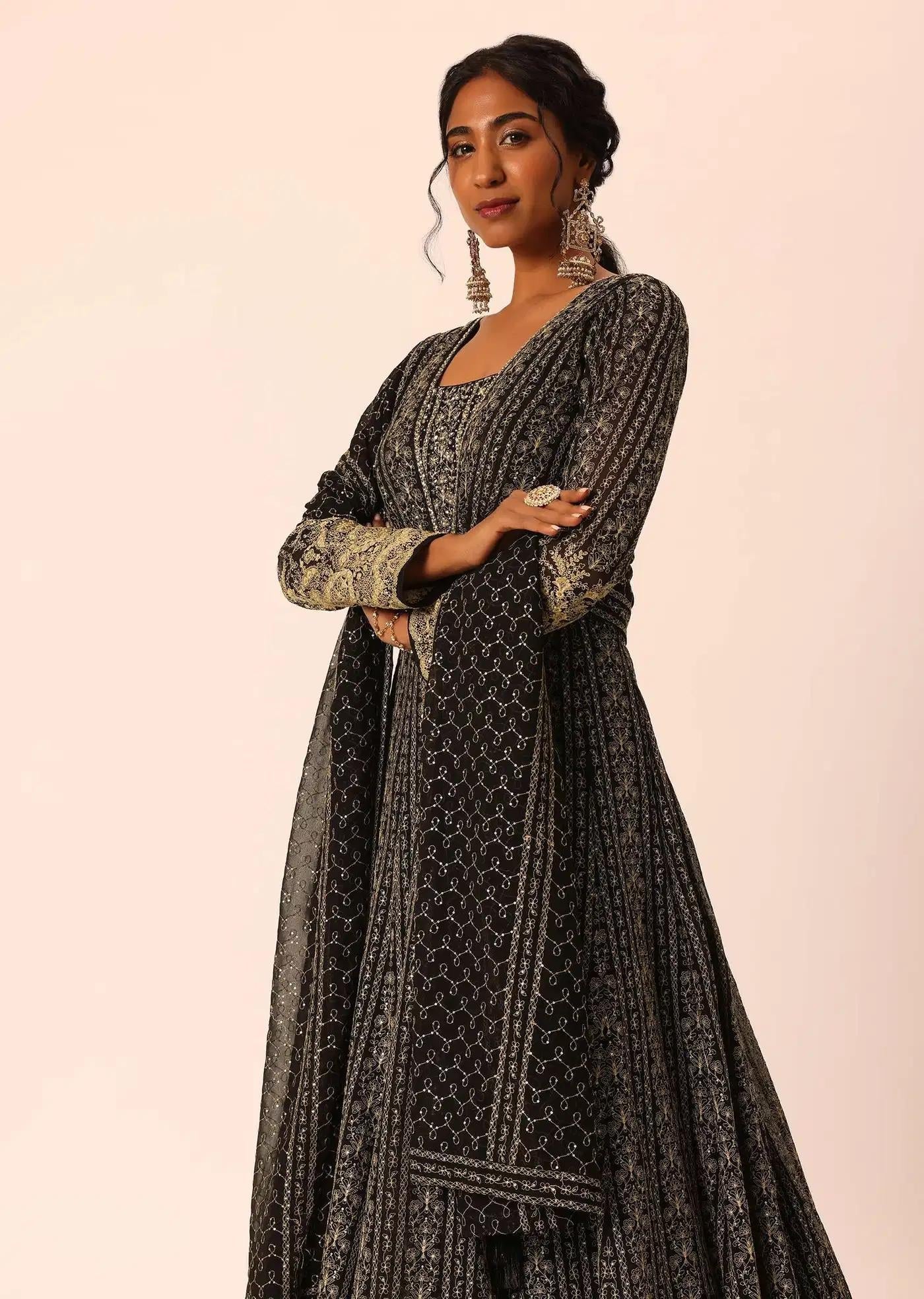 Black Anarkali Dress Drape Ensemble Featuring Sequin Detailing