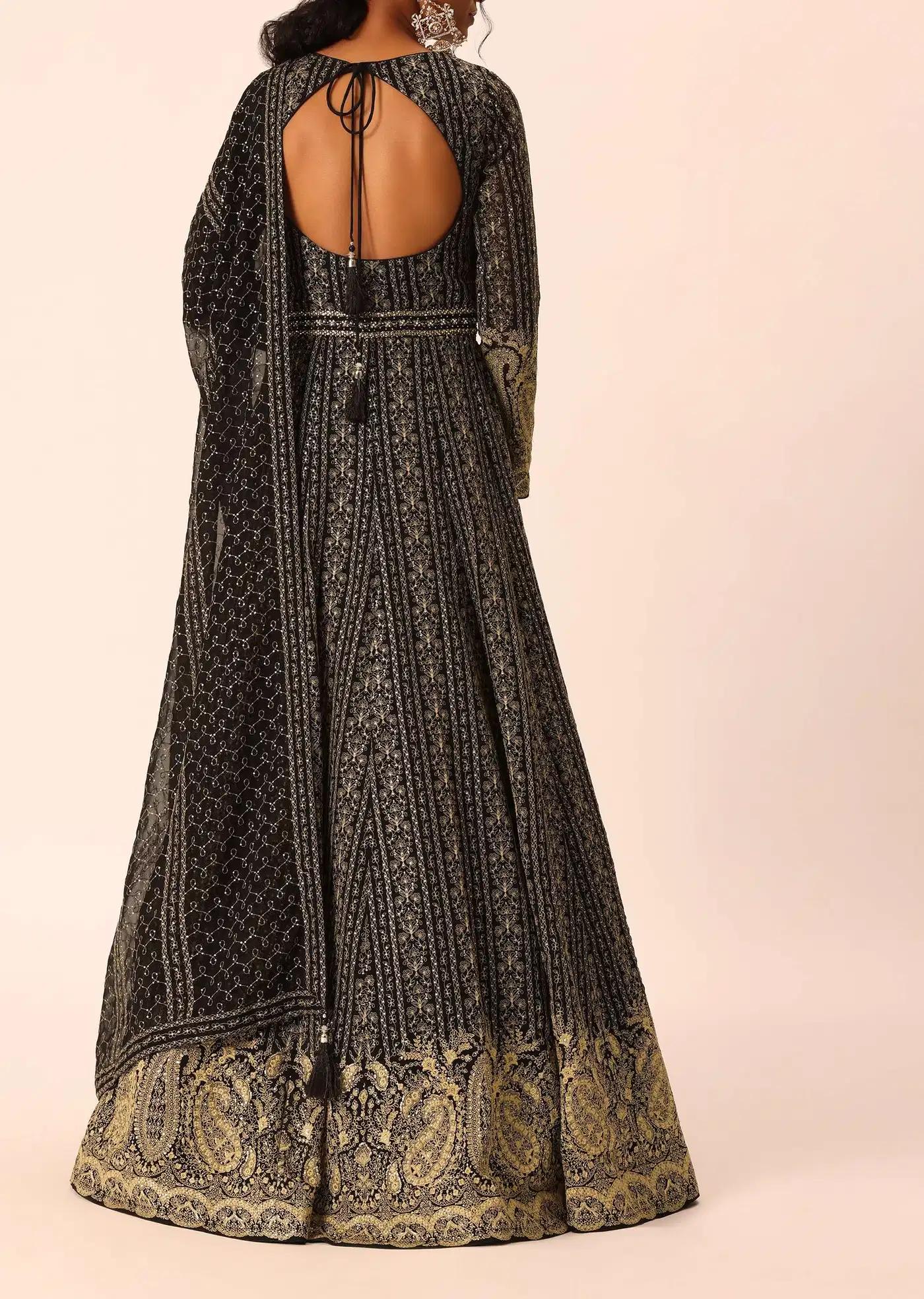 Black Anarkali Dress Drape Ensemble Featuring Sequin Detailing