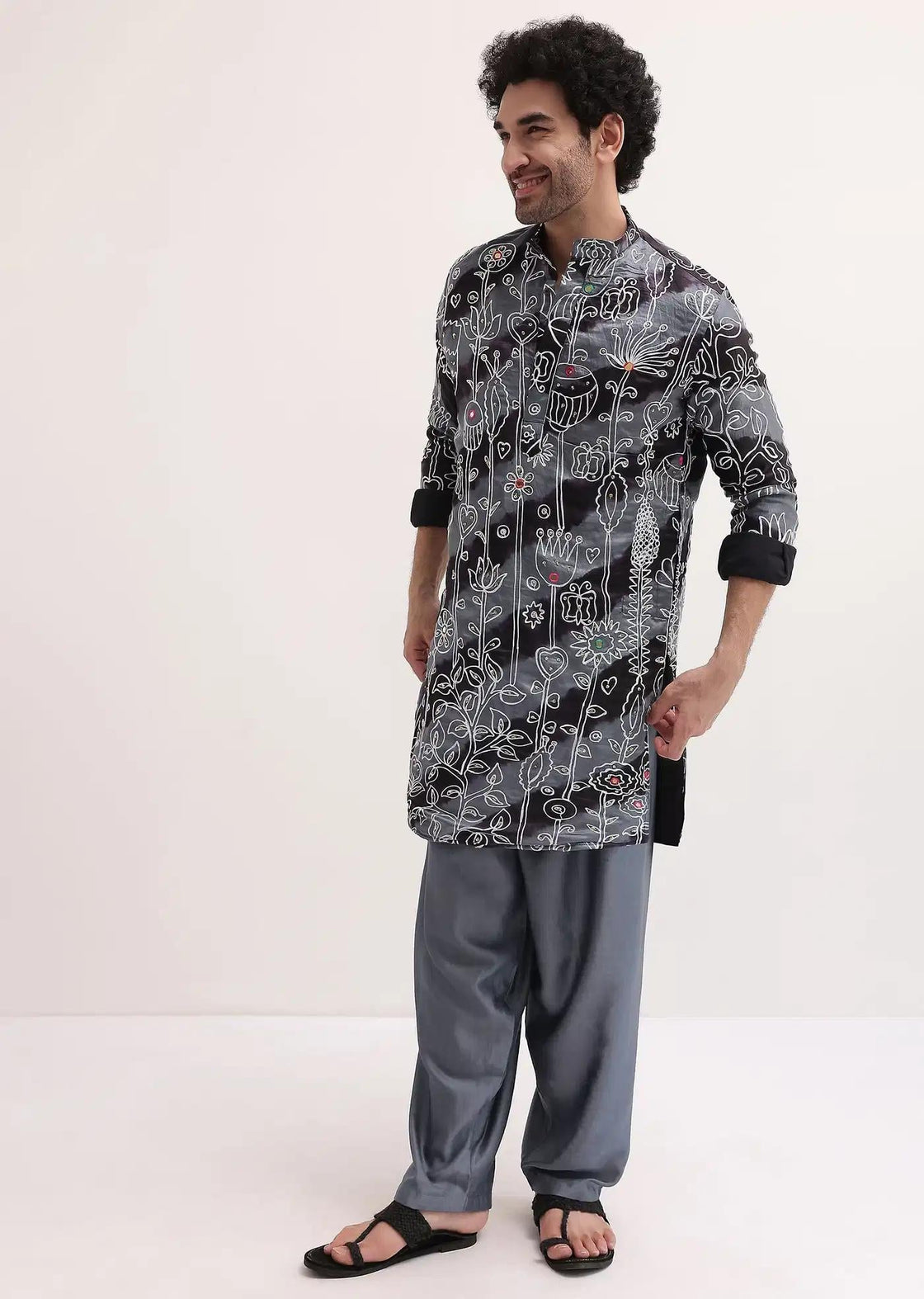 Black And Grey Embroidered Linen Kurta Patiala Set For Men Elegant Designer Kurta Sets