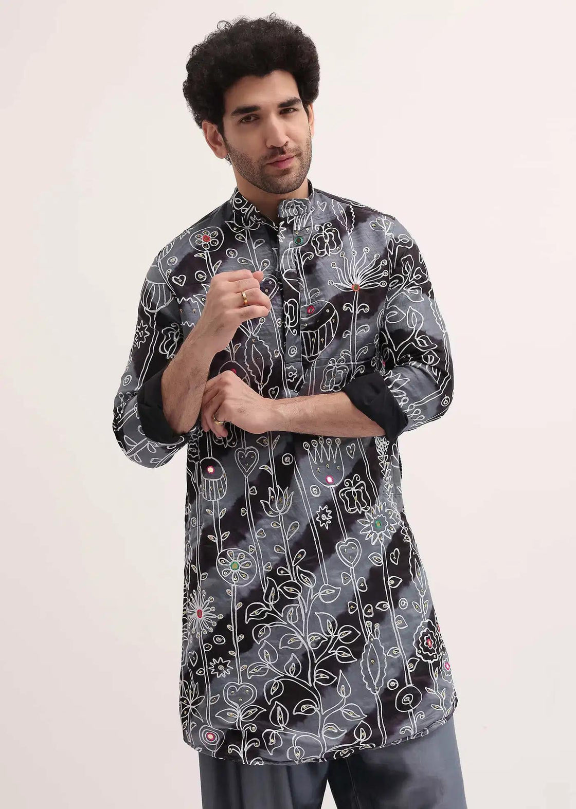 Black And Grey Embroidered Linen Kurta Patiala Set For Men Elegant Designer Kurta Sets