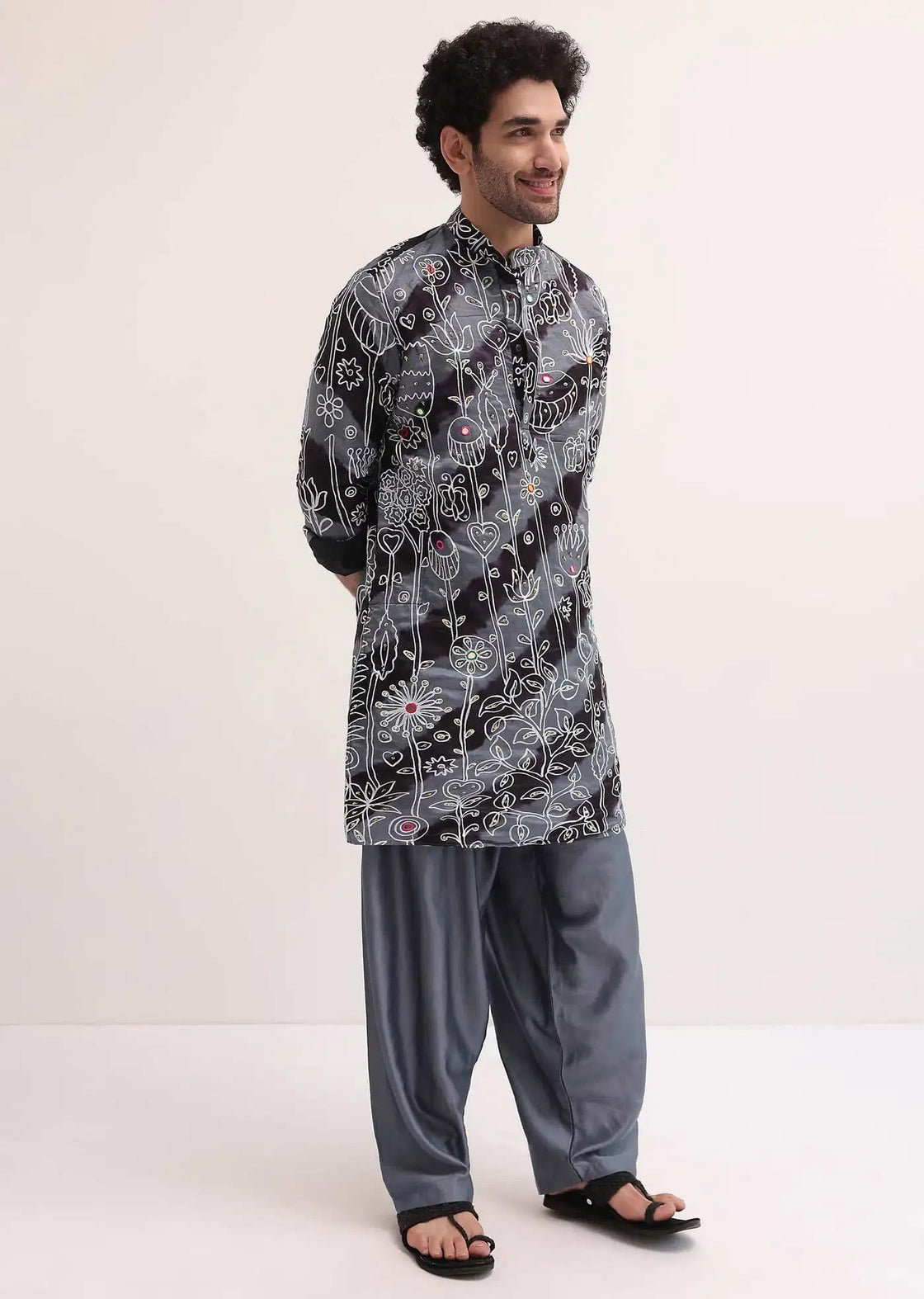 Black And Grey Embroidered Linen Kurta Patiala Set For Men Elegant Designer Kurta Sets