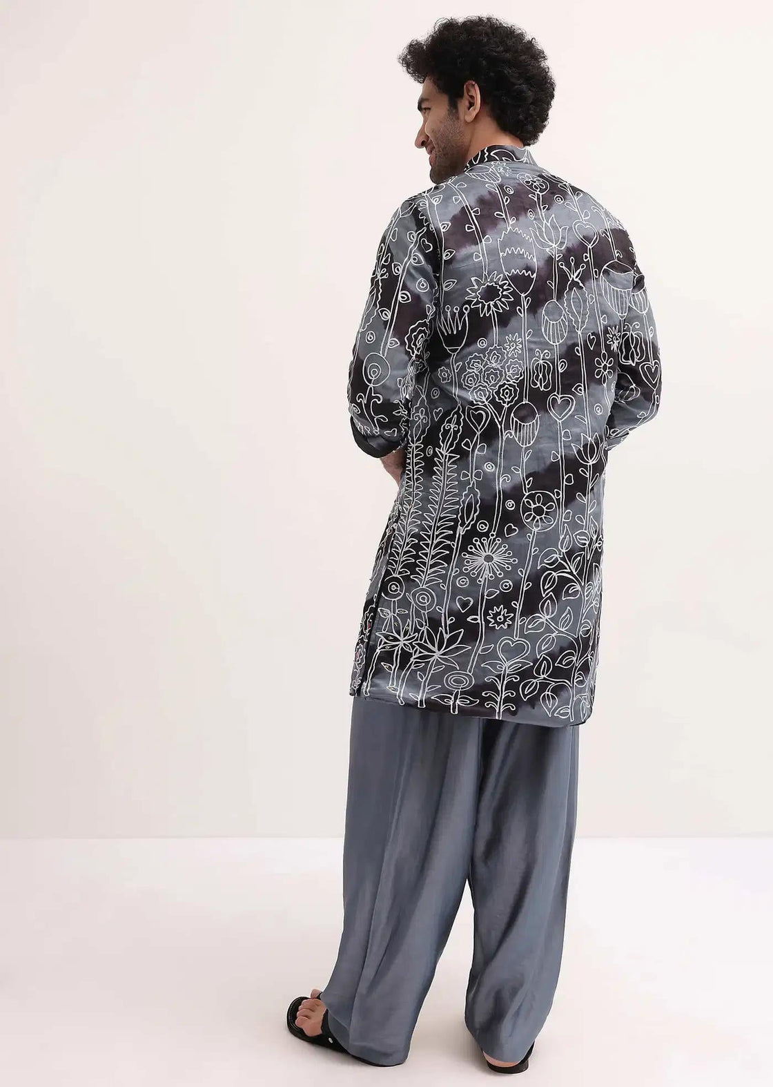 Black And Grey Embroidered Linen Kurta Patiala Set For Men Elegant Designer Kurta Sets