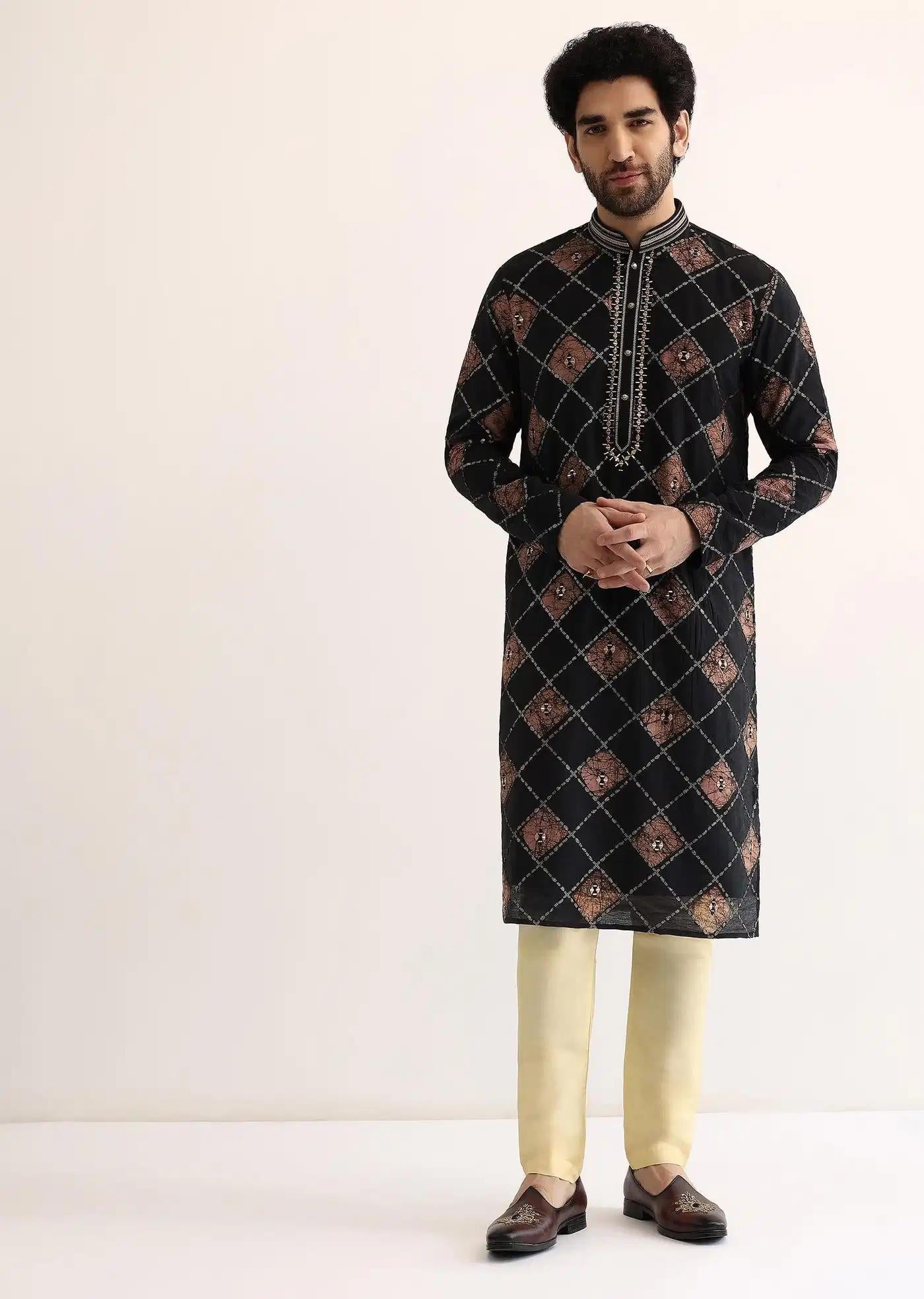 Black And Pink Silk Kurta Set With Mirror Embroidery Elegant Designer Kurta Sets