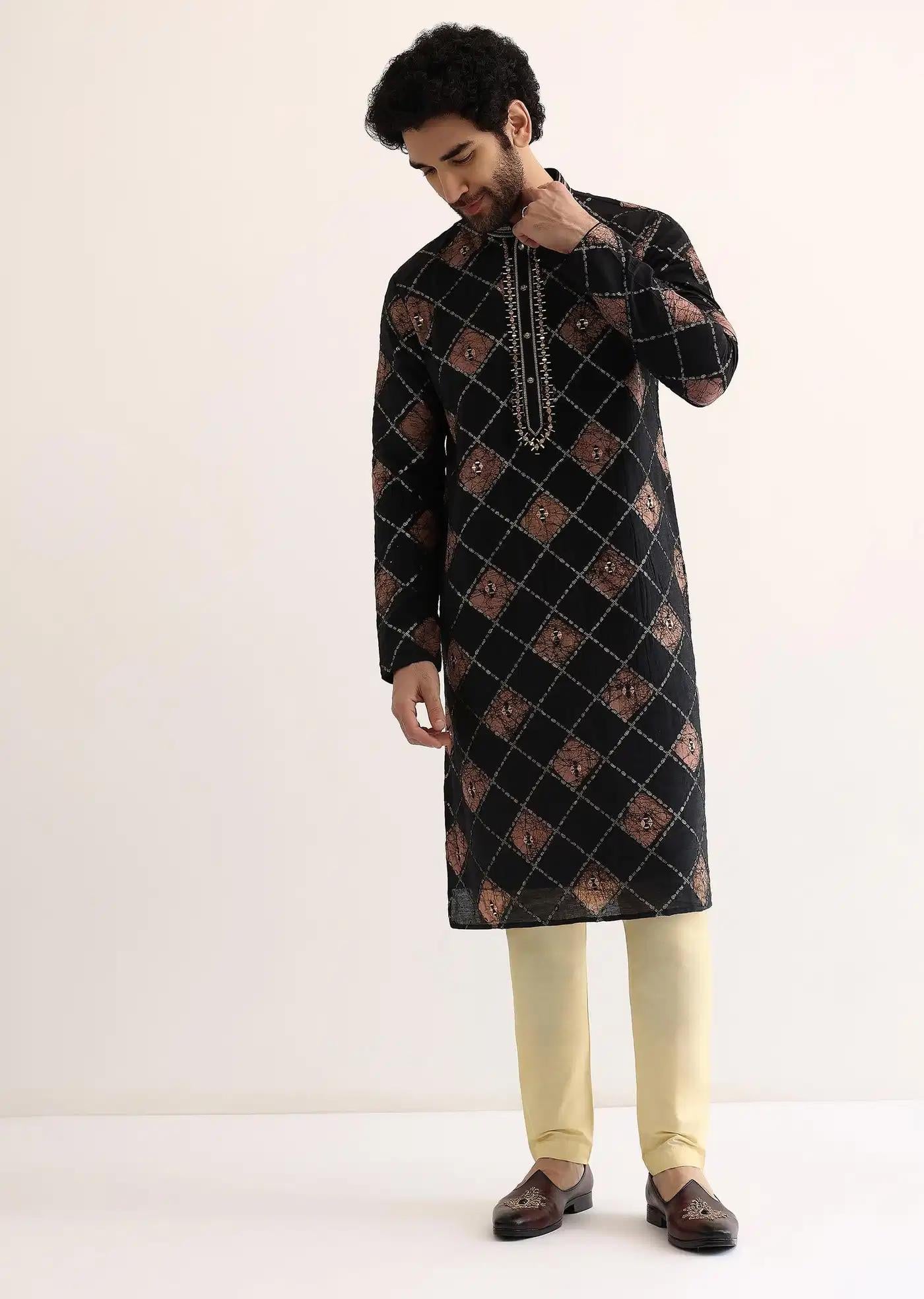 Black And Pink Silk Kurta Set With Mirror Embroidery Elegant Designer Kurta Sets