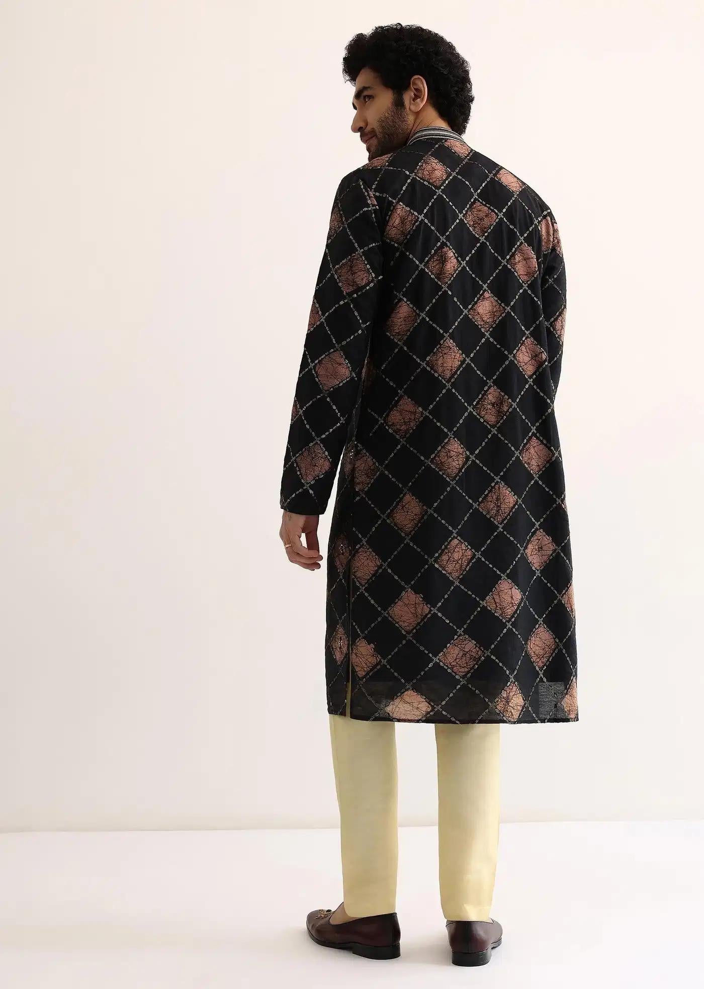 Black And Pink Silk Kurta Set With Mirror Embroidery Elegant Designer Kurta Sets