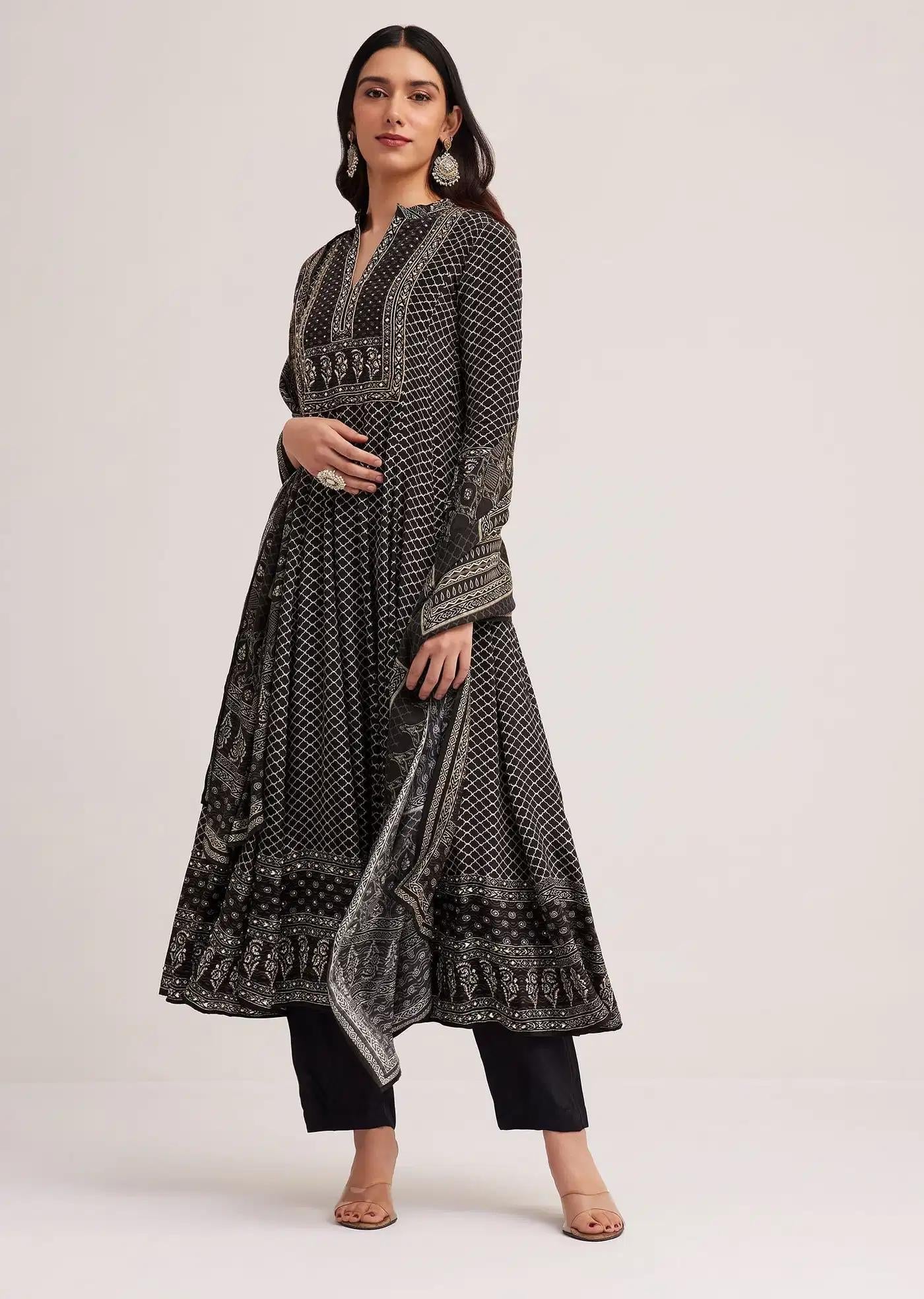Black Bagru Patterned Anarkali Dress Ensemble Featuring Drape
