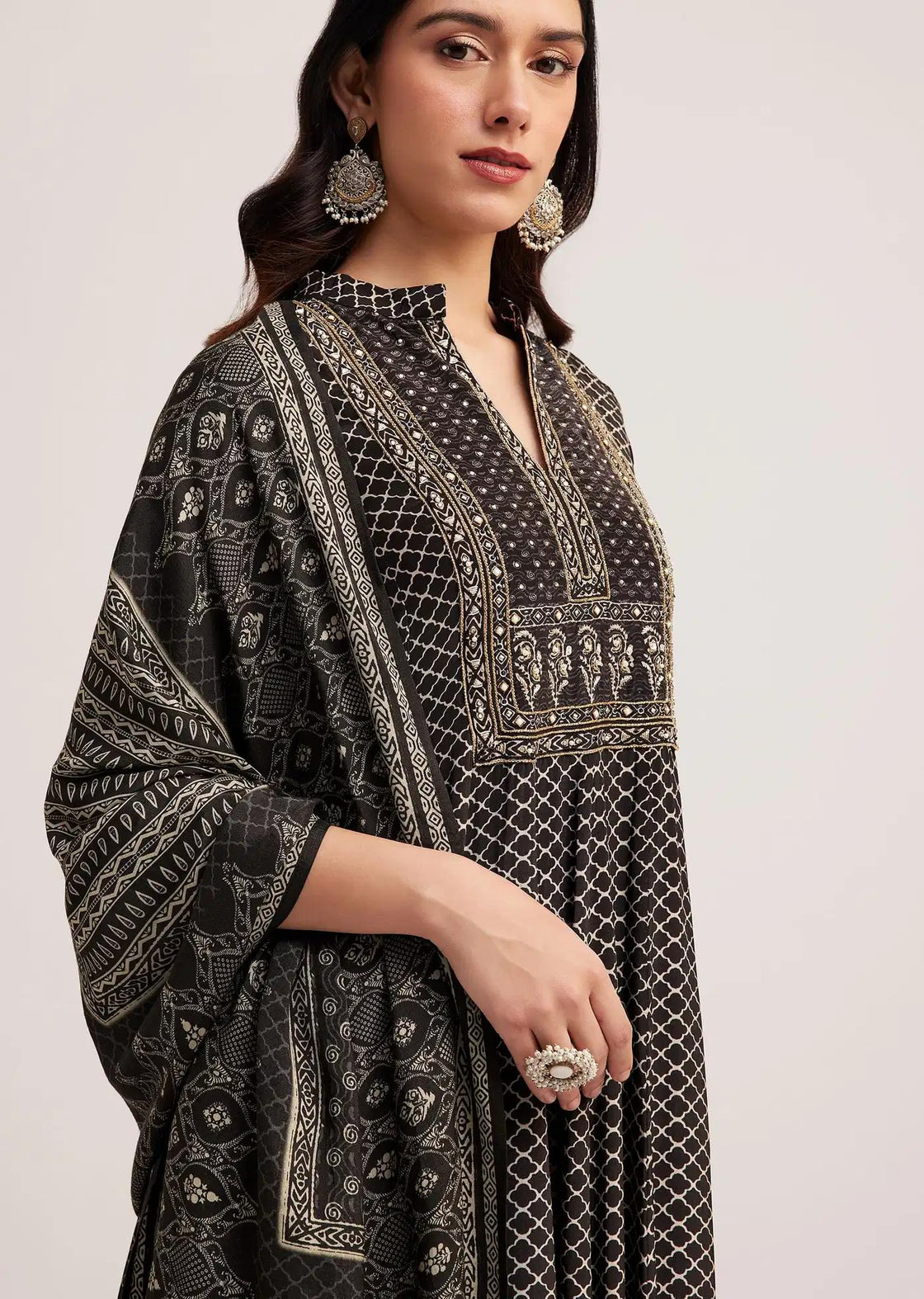 Black Bagru Patterned Anarkali Dress Ensemble Featuring Drape
