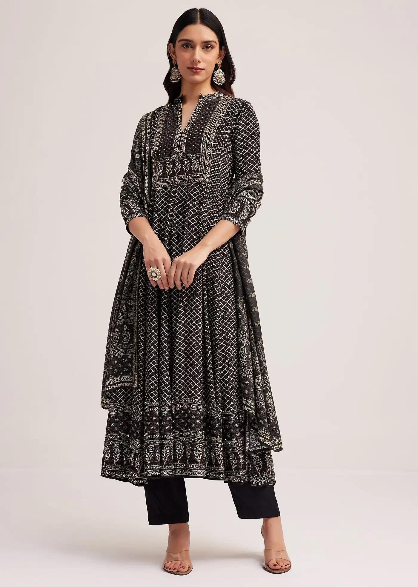 Black Bagru Patterned Anarkali Dress Ensemble Featuring Drape