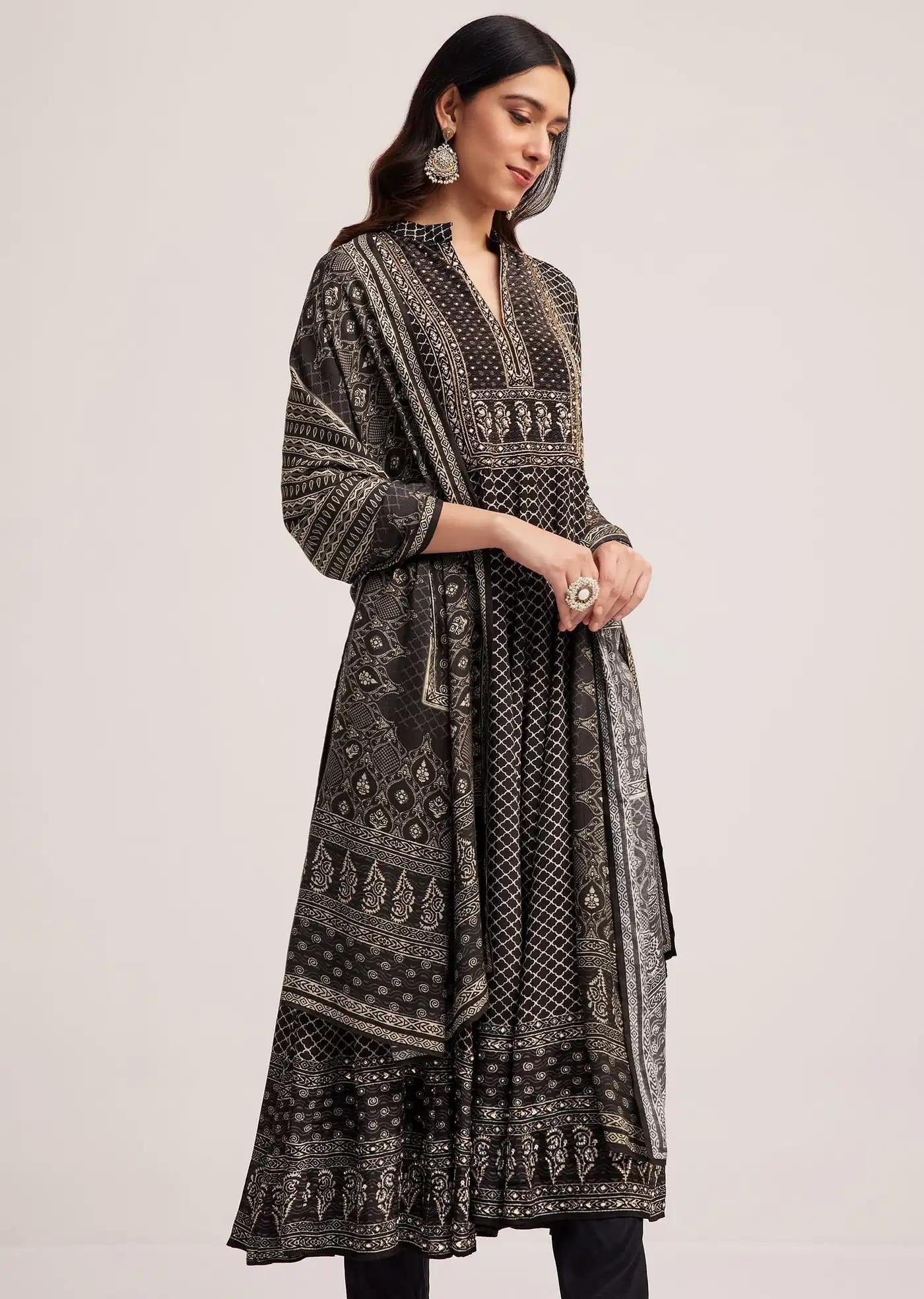 Black Bagru Patterned Anarkali Dress Ensemble Featuring Drape