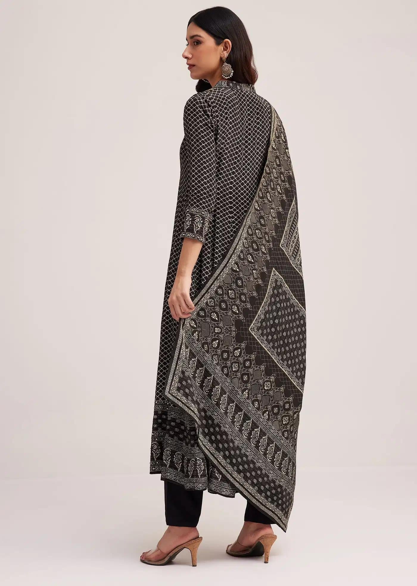 Black Bagru Patterned Anarkali Dress Ensemble Featuring Drape