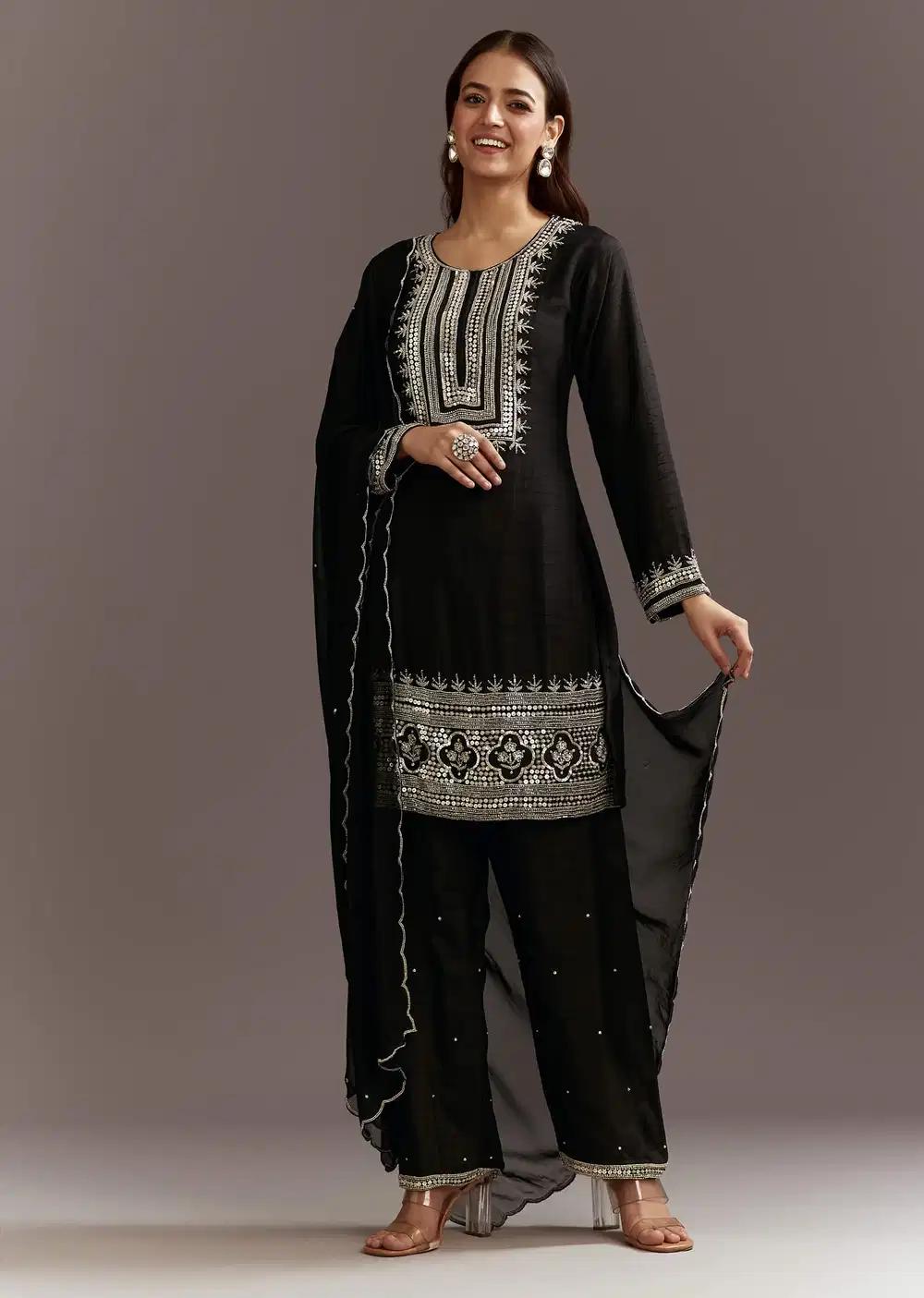 Black Beads And Sequins Work Kurta Ensemble With Organza Dupatta Outfit