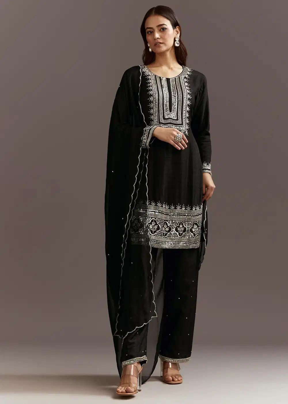 Black Beads And Sequins Work Kurta Ensemble With Organza Dupatta Outfit