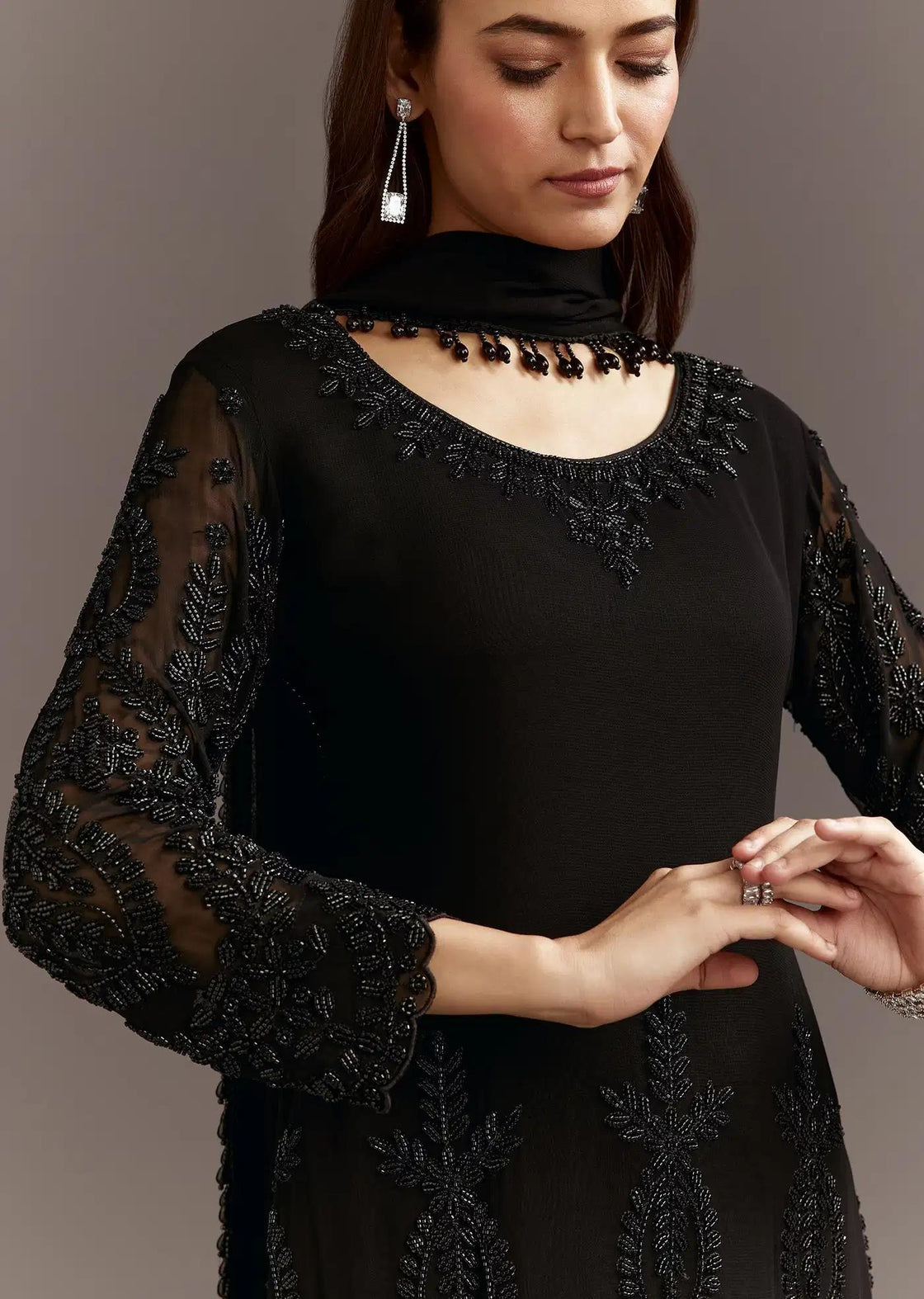 Black Beads Detailing Georgette Tunic Featuring Fully Beaded Trouser