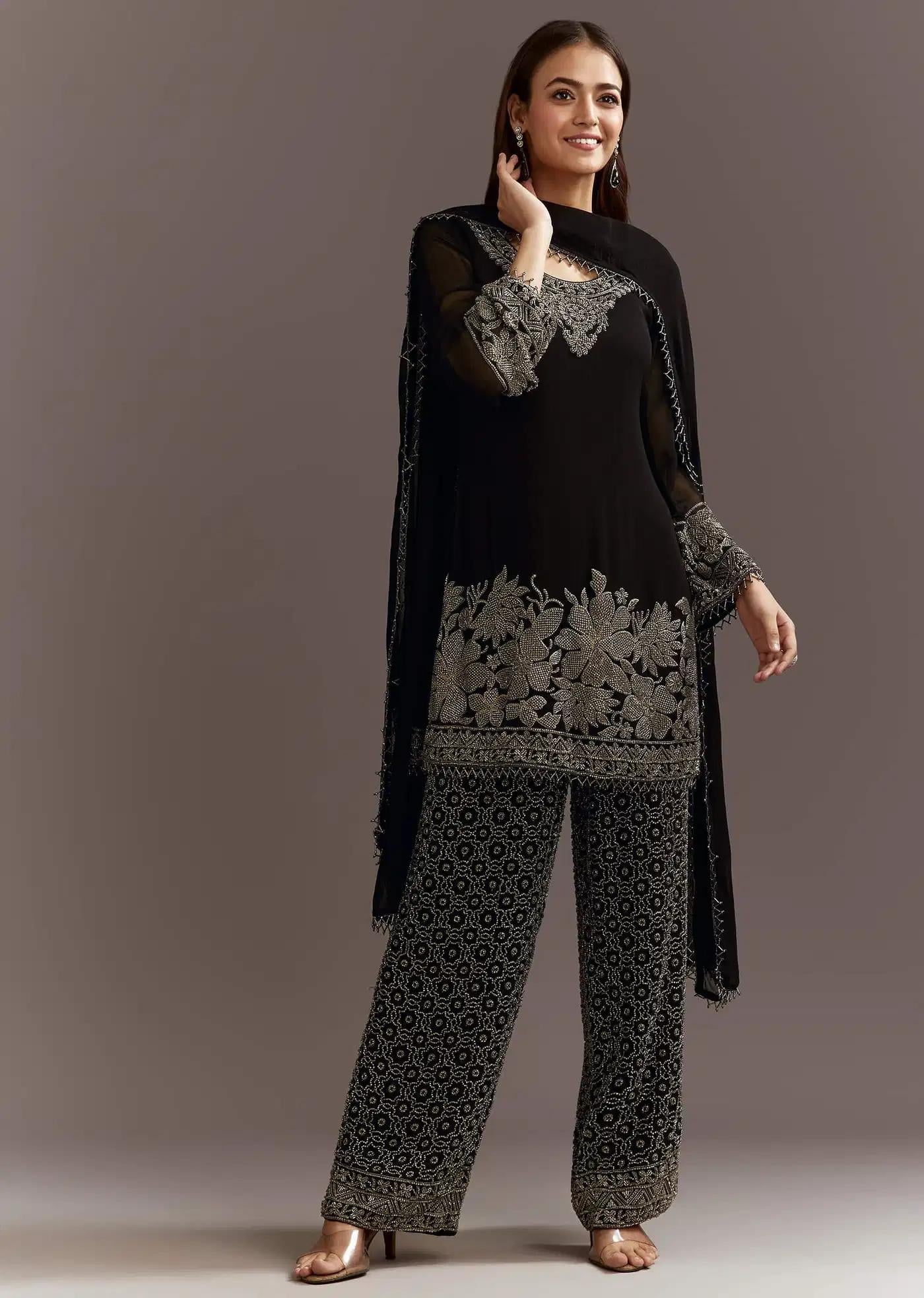 Black Beads Detailing Tunic Drape Ensemble Featuring Fully Beaded Trouser
