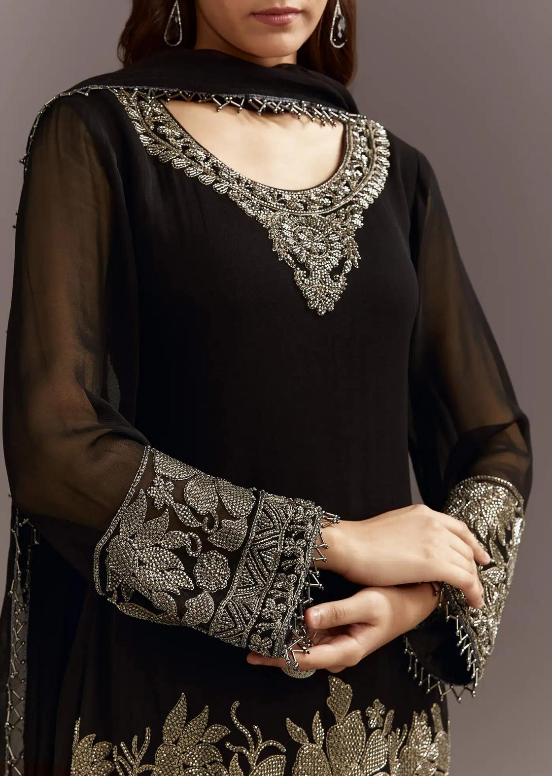 Black Beads Detailing Tunic Drape Ensemble Featuring Fully Beaded Trouser