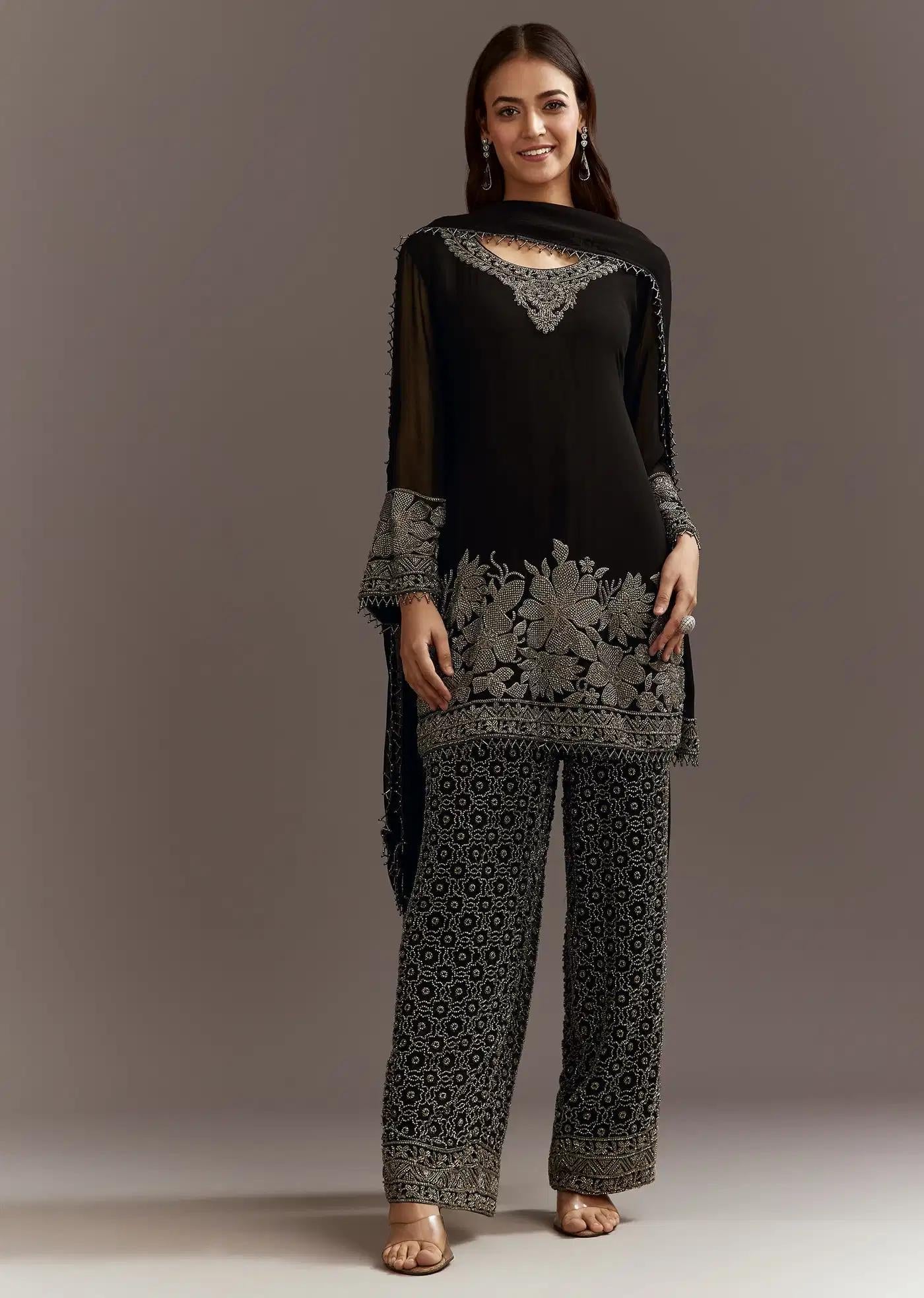 Black Beads Detailing Tunic Drape Ensemble Featuring Fully Beaded Trouser