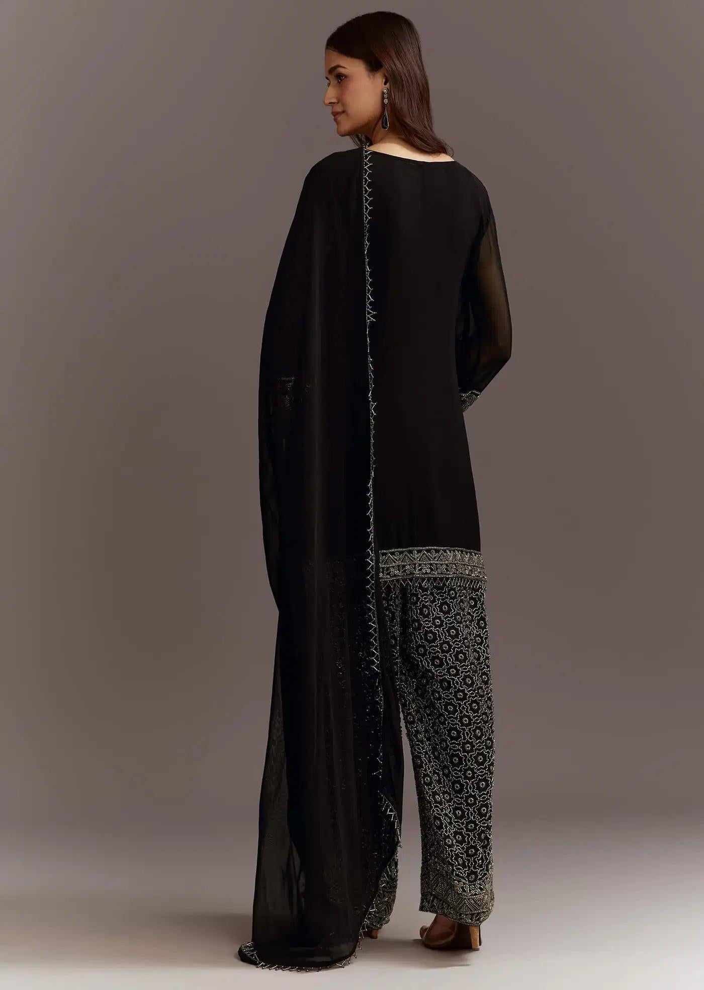 Black Beads Detailing Tunic Drape Ensemble Featuring Fully Beaded Trouser