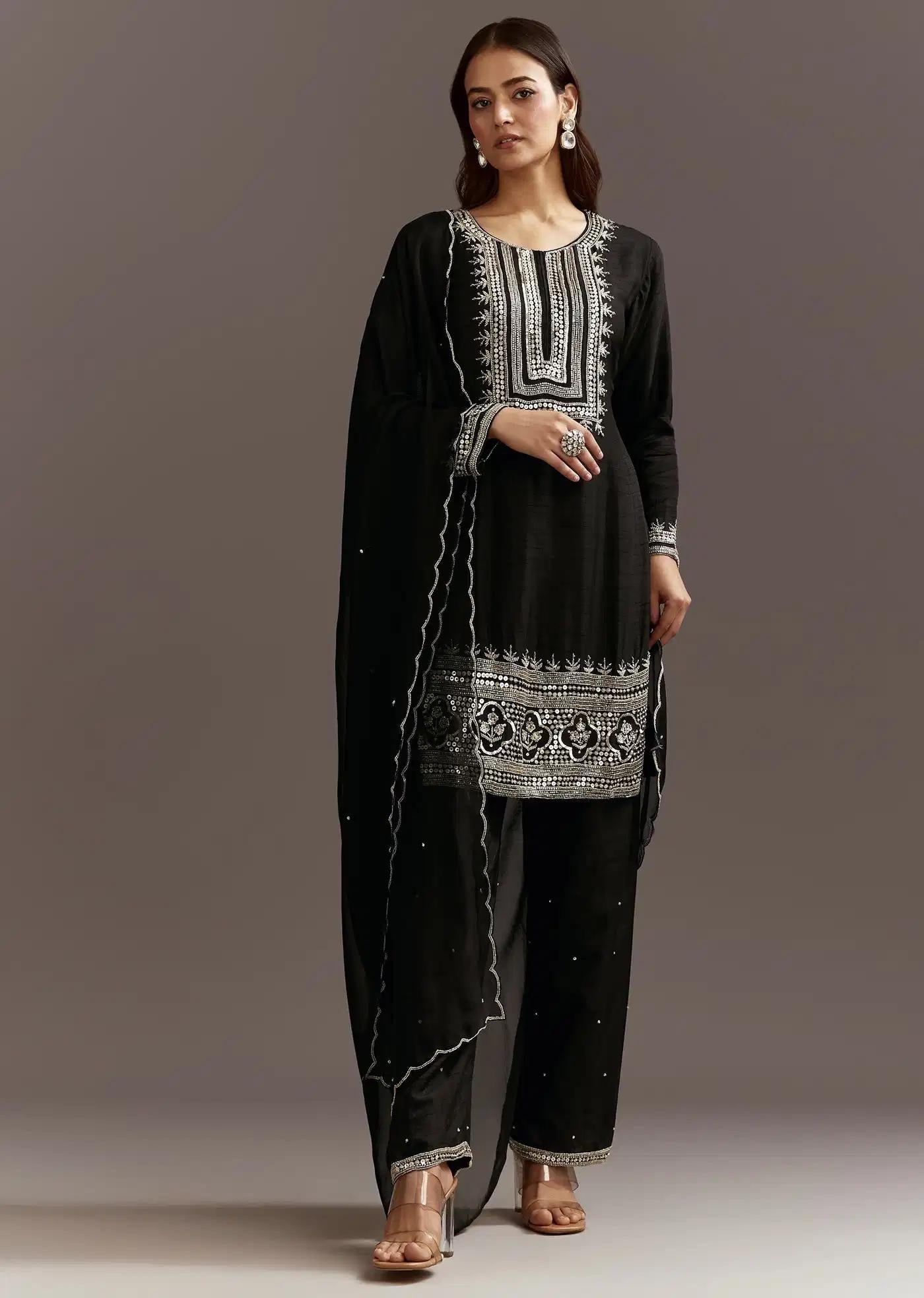 Black Beads Sequins Detailing Tunic Ensemble Featuring Organza Drape