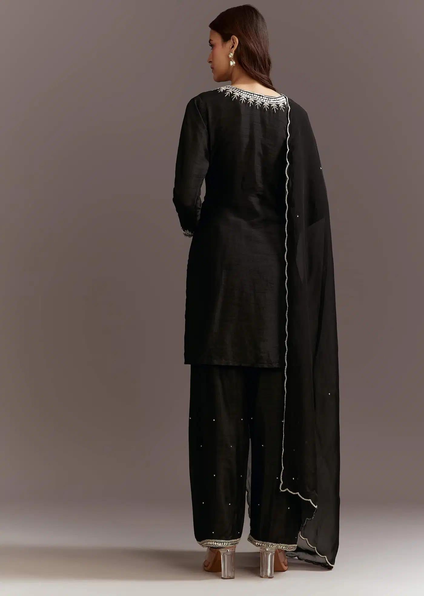 Black Beads Sequins Detailing Tunic Ensemble Featuring Organza Drape