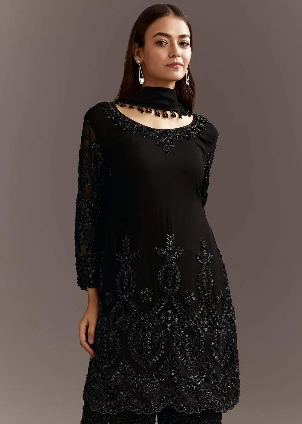 Black Beads Work Georgette Kurta With Fully Beaded Pant Outfit