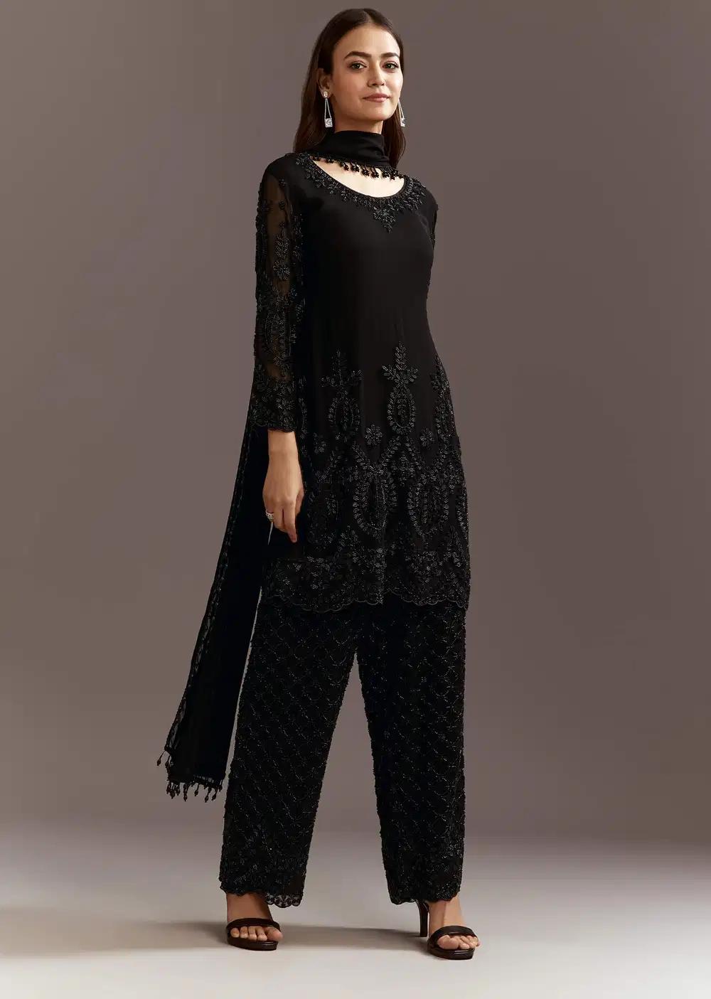 Black Beads Work Georgette Kurta With Fully Beaded Pant Outfit