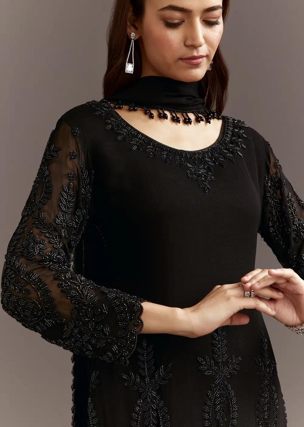 Black Beads Work Georgette Kurta With Fully Beaded Pant Outfit