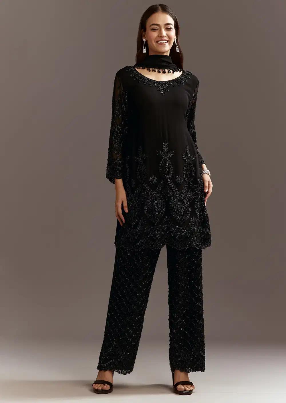 Black Beads Work Georgette Kurta With Fully Beaded Pant Outfit