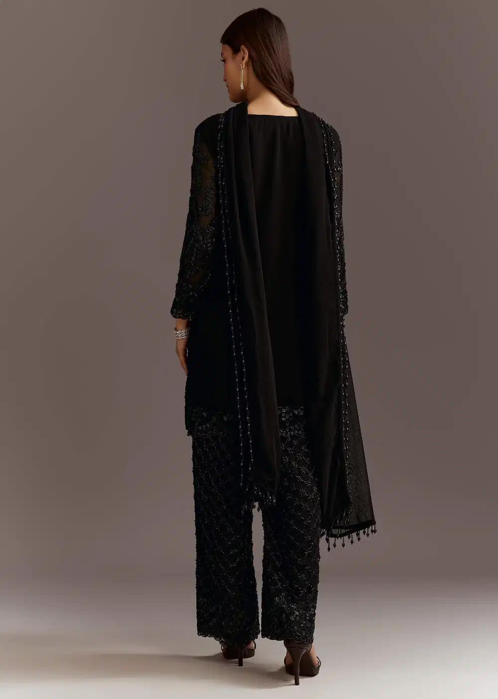 Black Beads Work Georgette Kurta With Fully Beaded Pant Outfit