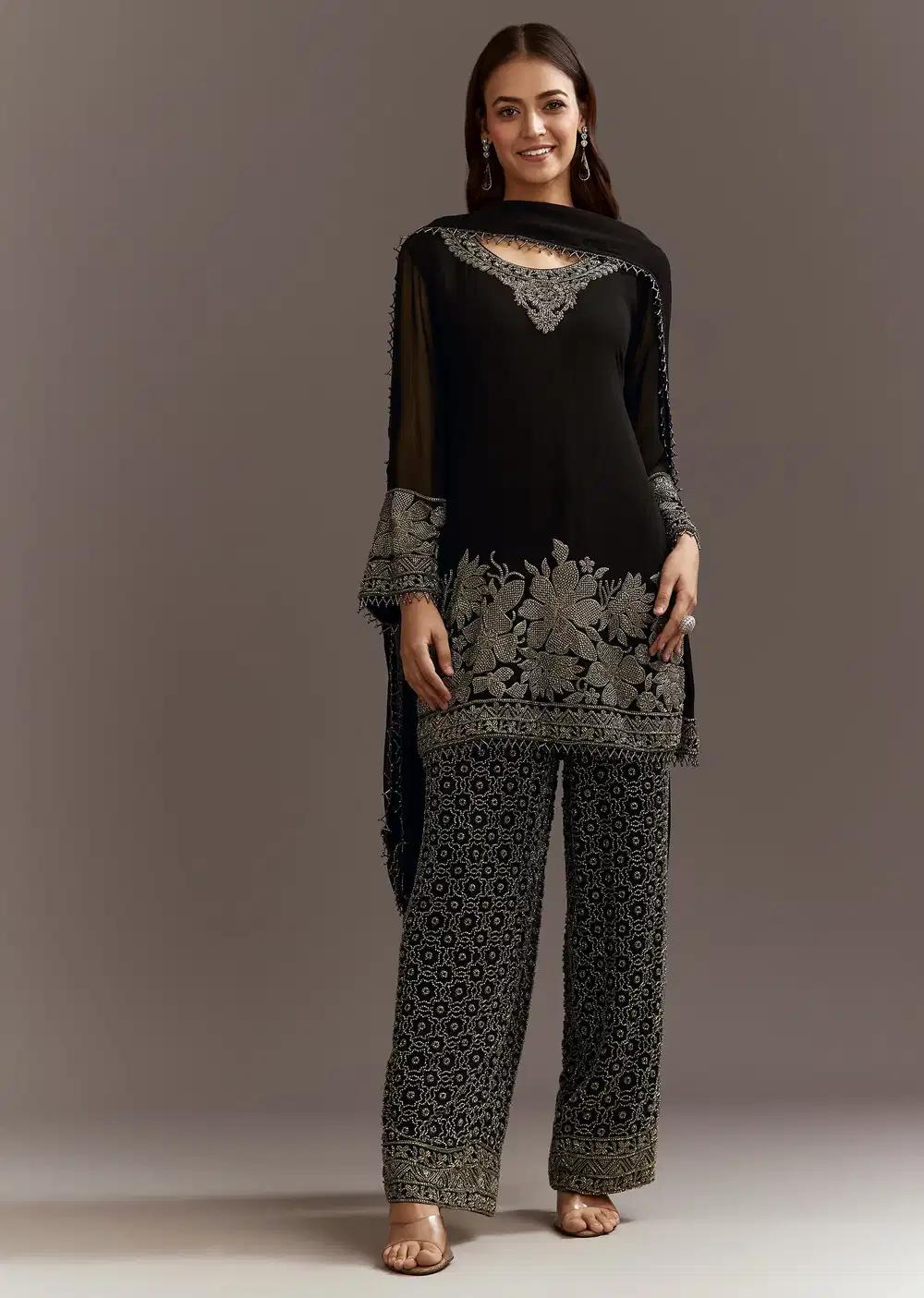 Black Beads Work Kurta Dupatta Ensemble With Fully Beaded Pant Outfit