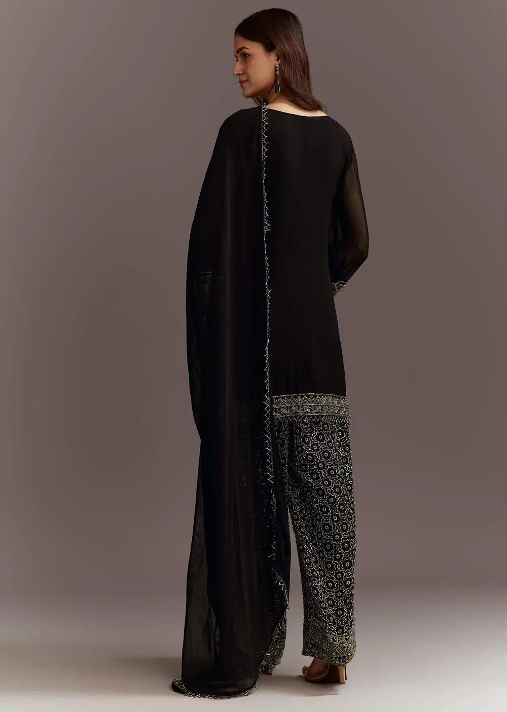 Black Beads Work Kurta Dupatta Ensemble With Fully Beaded Pant Outfit
